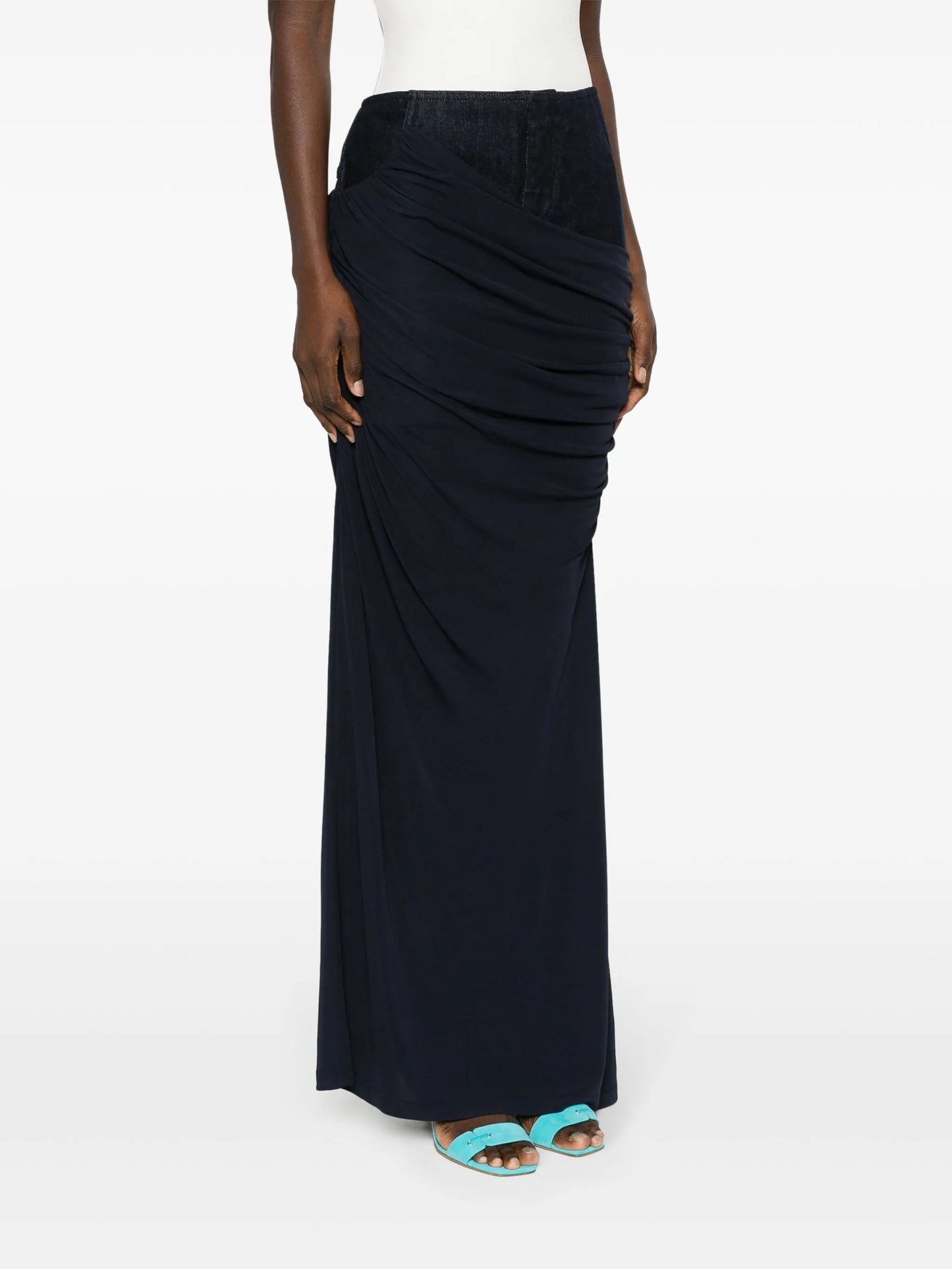 Wrapped denim-trim maxi skirt