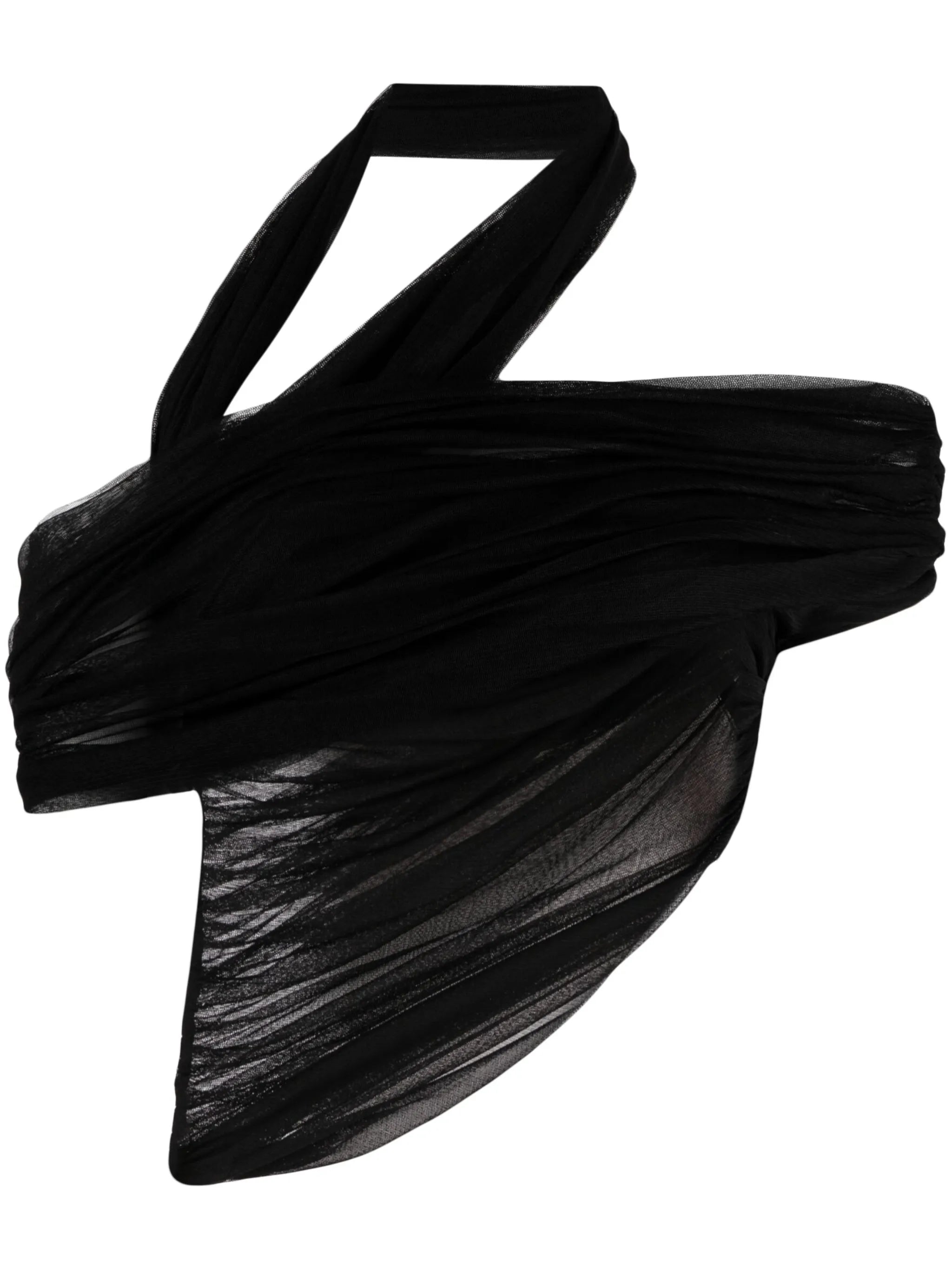 Veiled semi-sheer asymmetric draped top