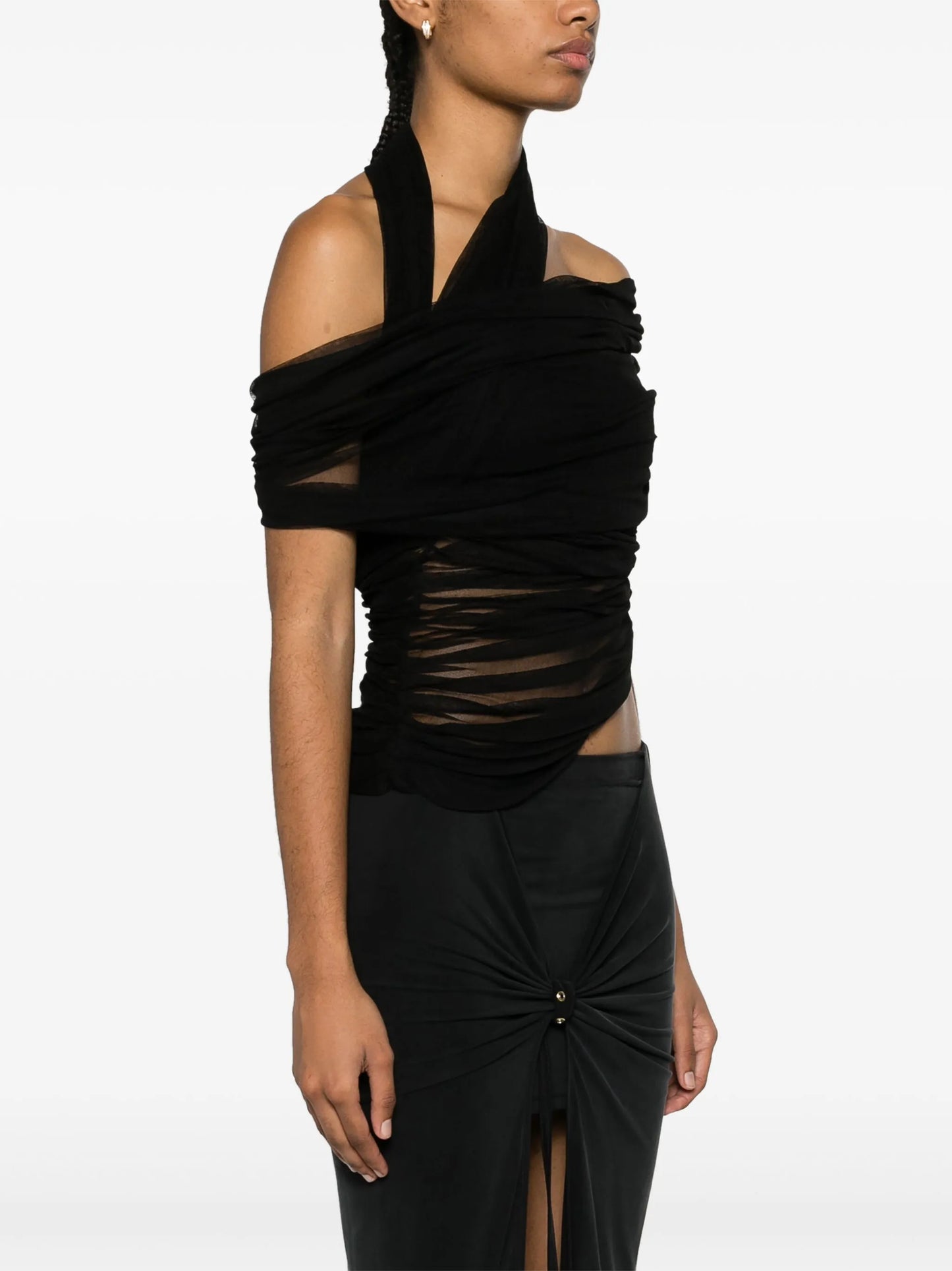 Veiled semi-sheer asymmetric draped top