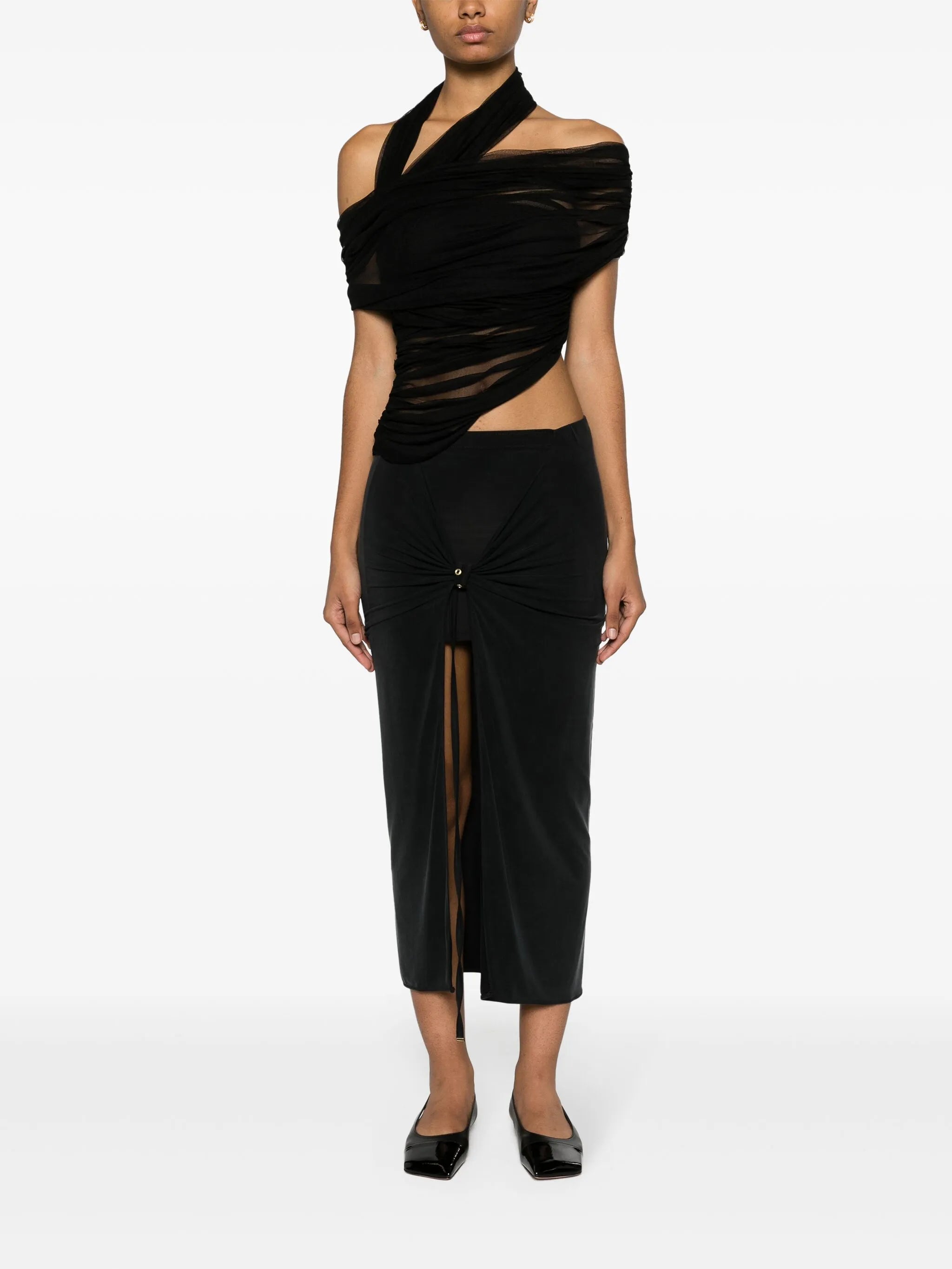 Veiled semi-sheer asymmetric draped top
