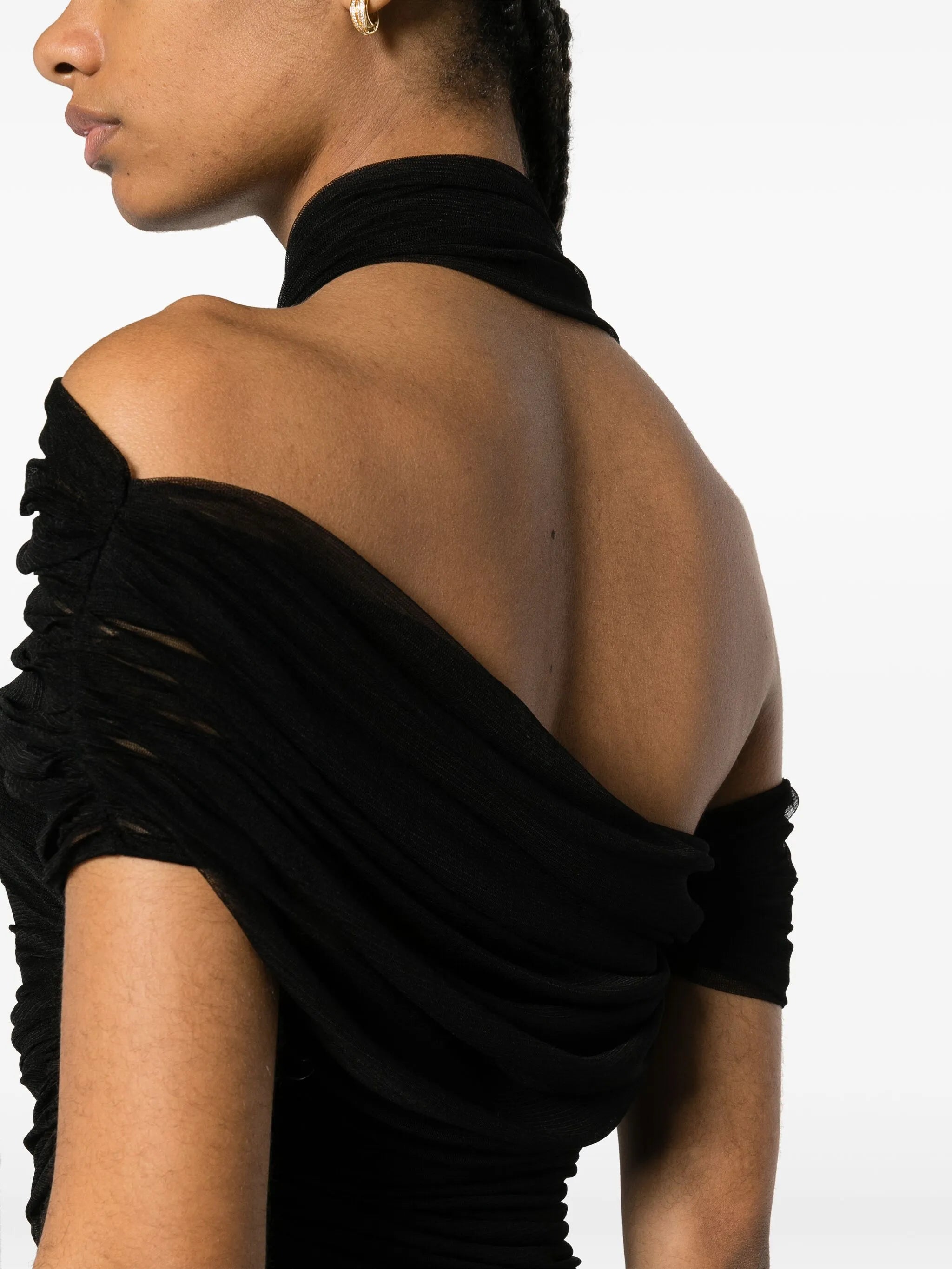 Veiled semi-sheer asymmetric draped top