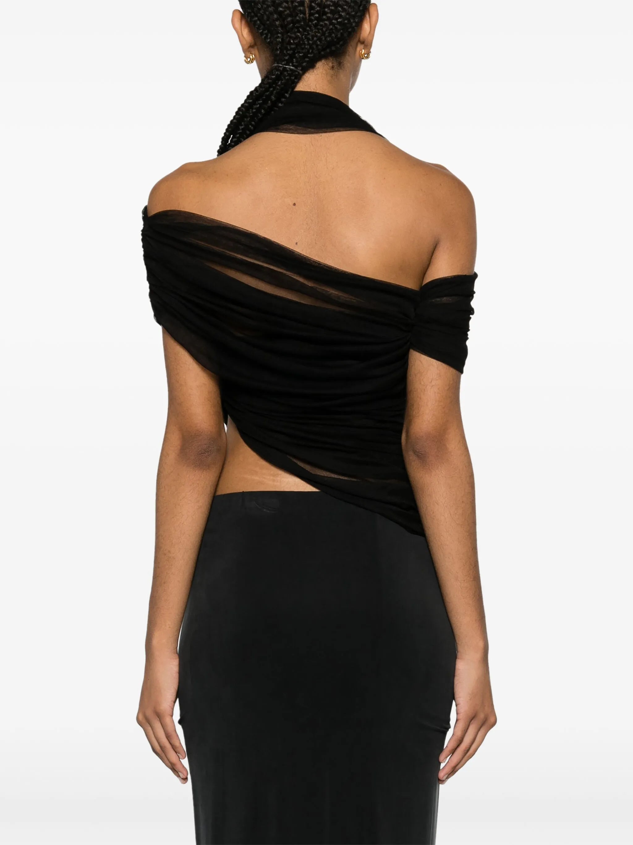Veiled semi-sheer asymmetric draped top