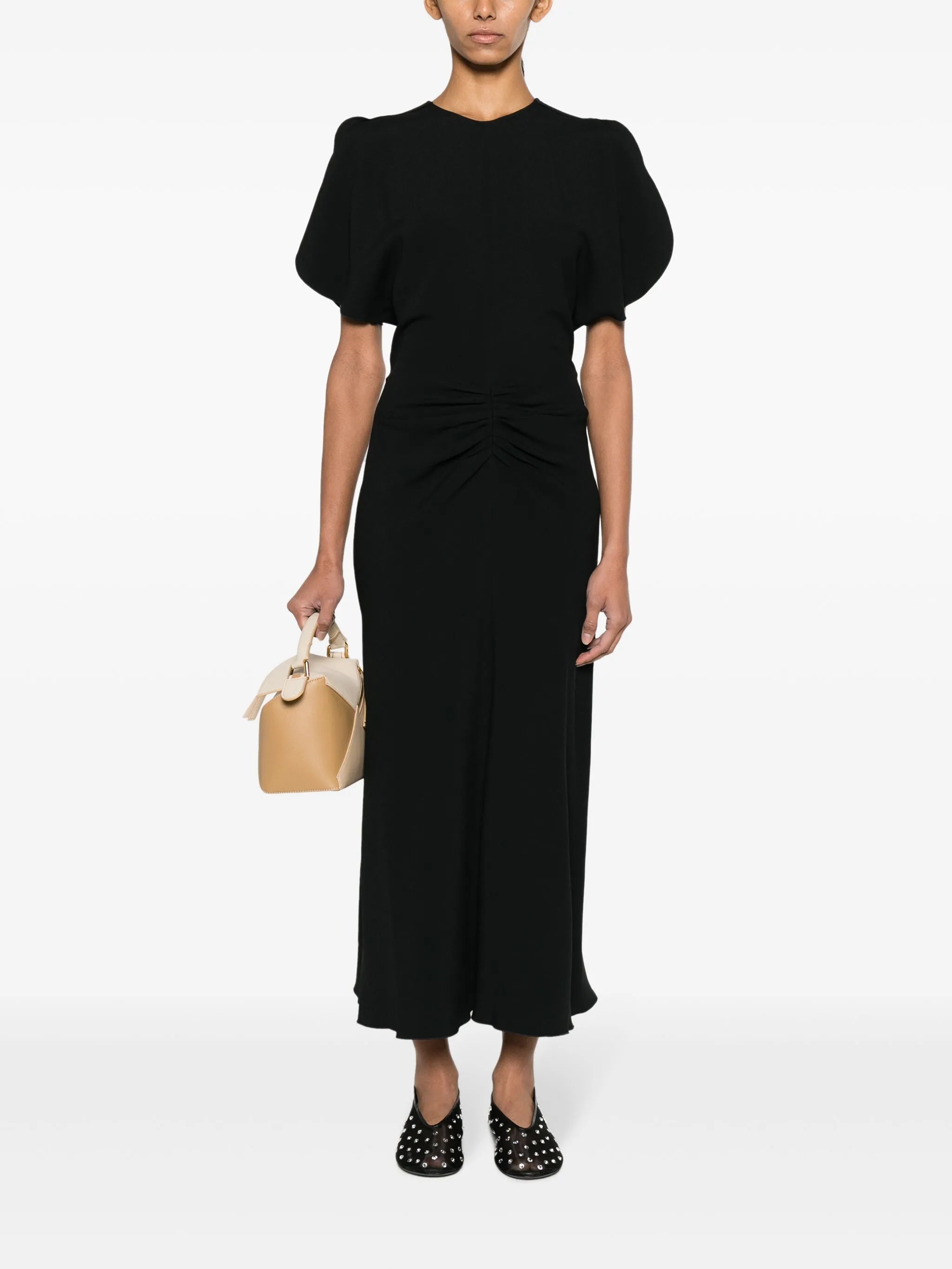 ruched-waist crepe midi dress