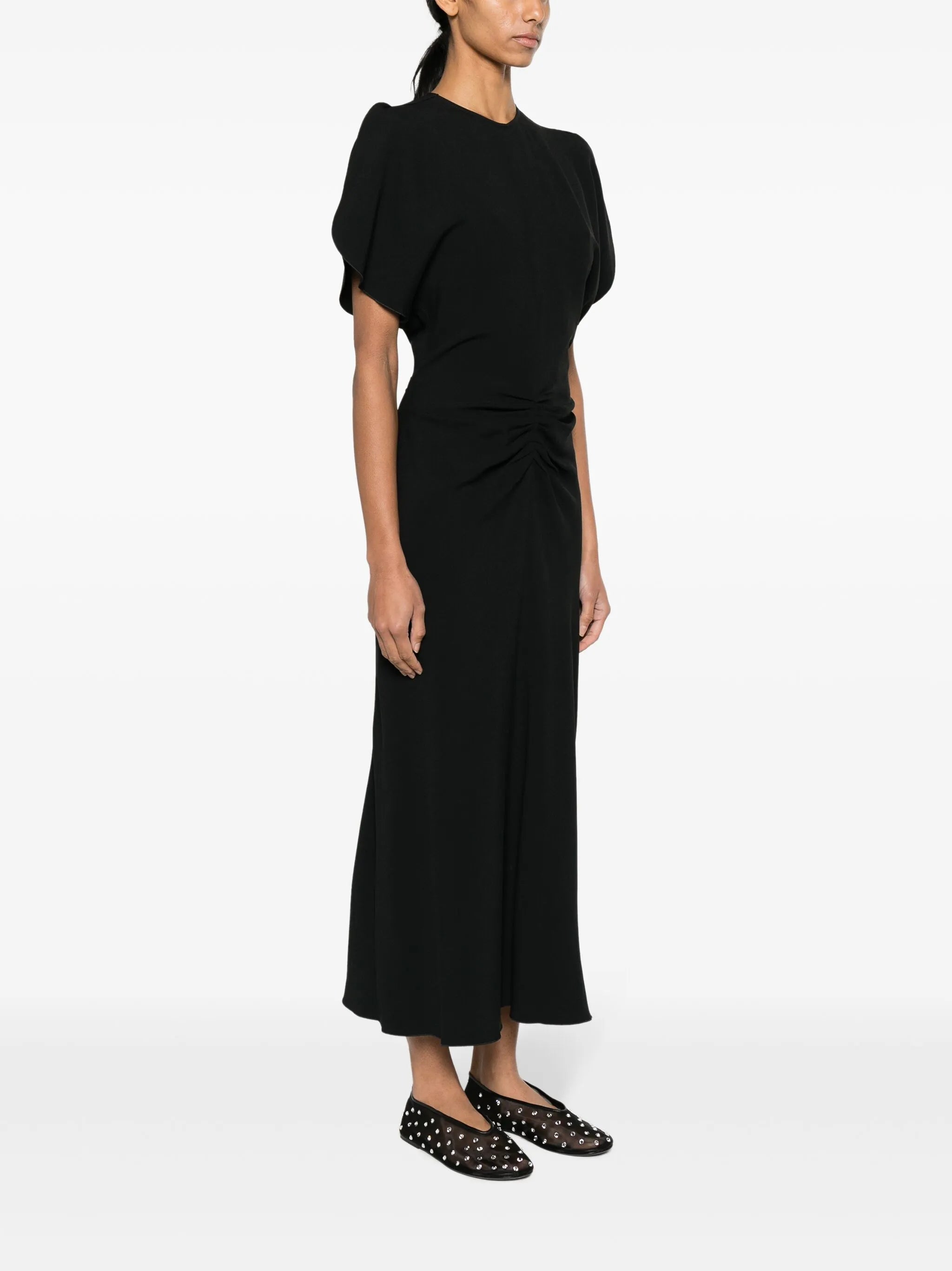 ruched-waist crepe midi dress