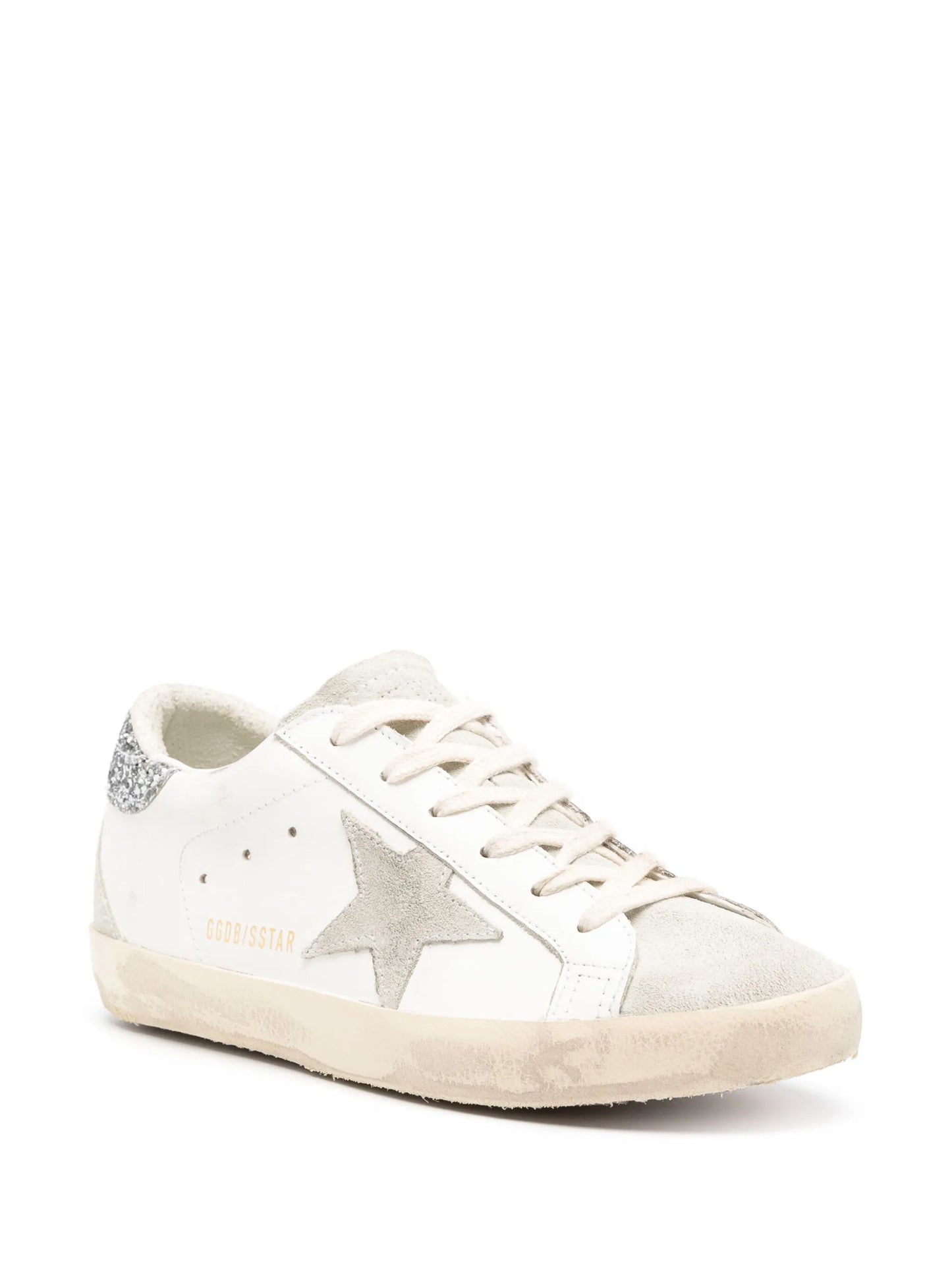 Super-Star trainers with gray star and silver glitter heel tab