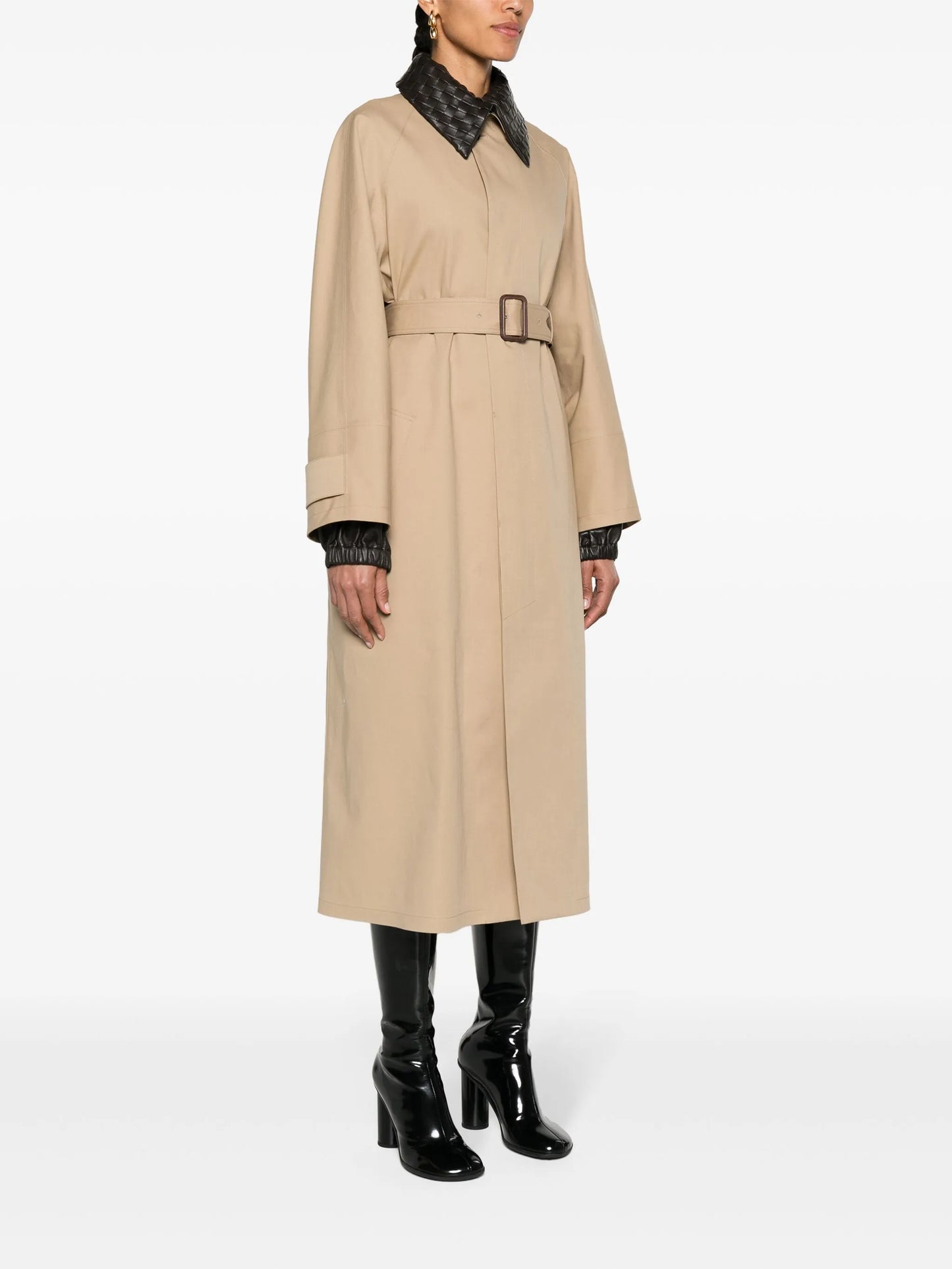Intrecciato-collar maxi trench coat