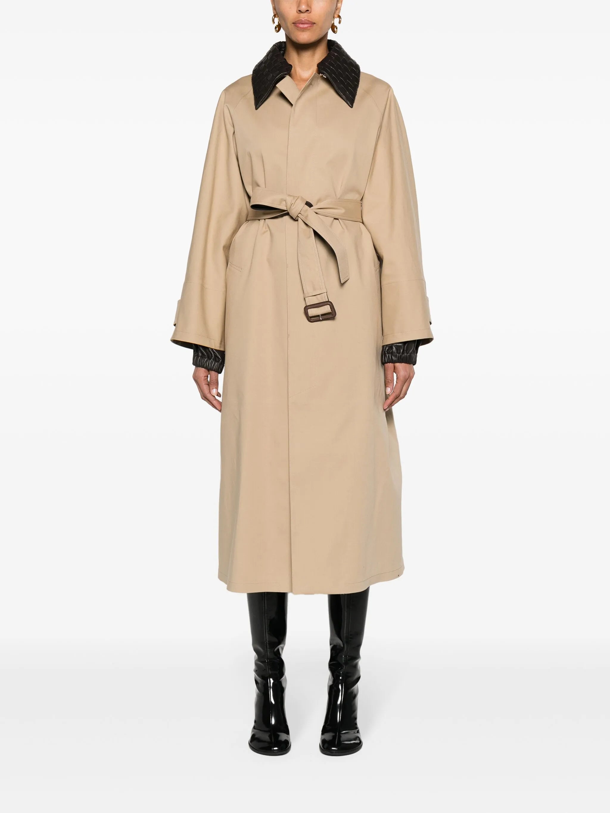 Intrecciato-collar maxi trench coat