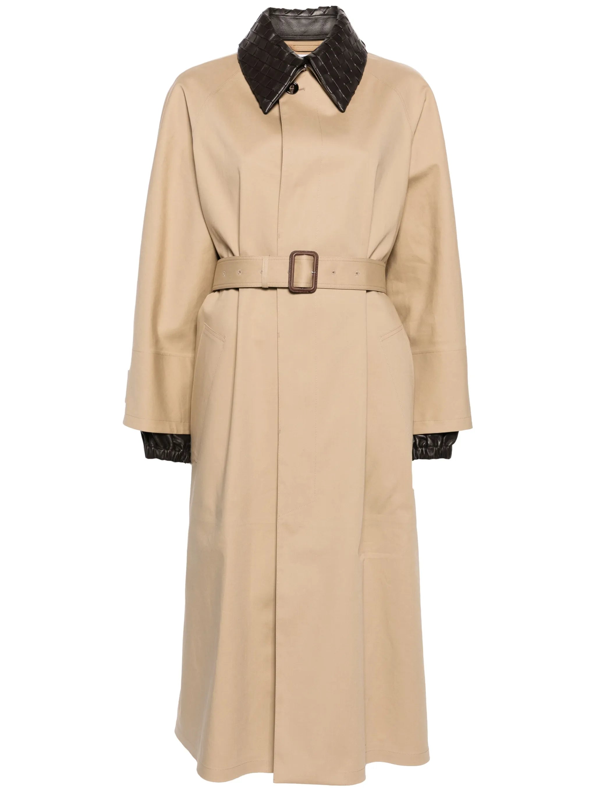 Intrecciato-collar maxi trench coat