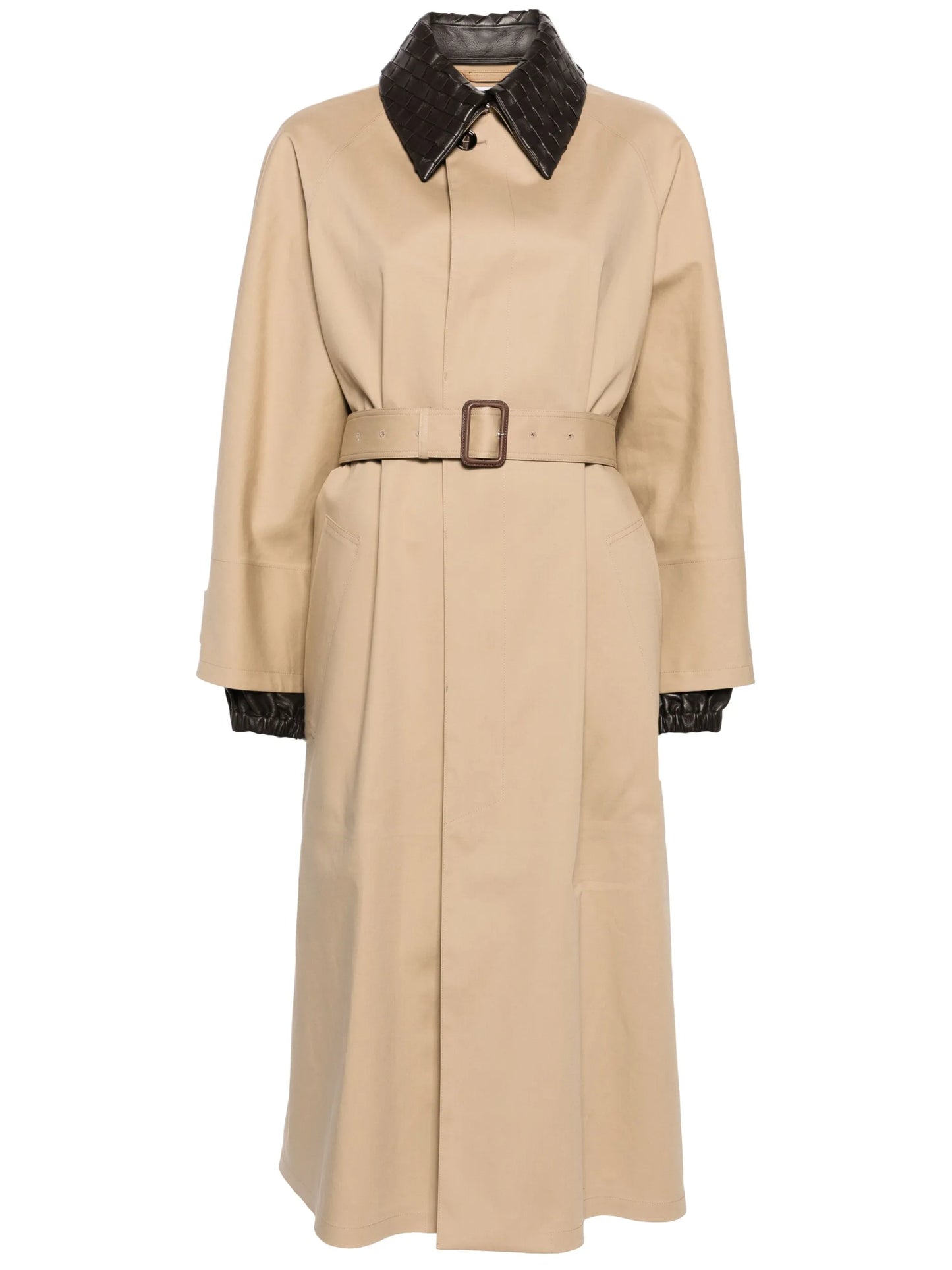 Intrecciato-collar maxi trench coat