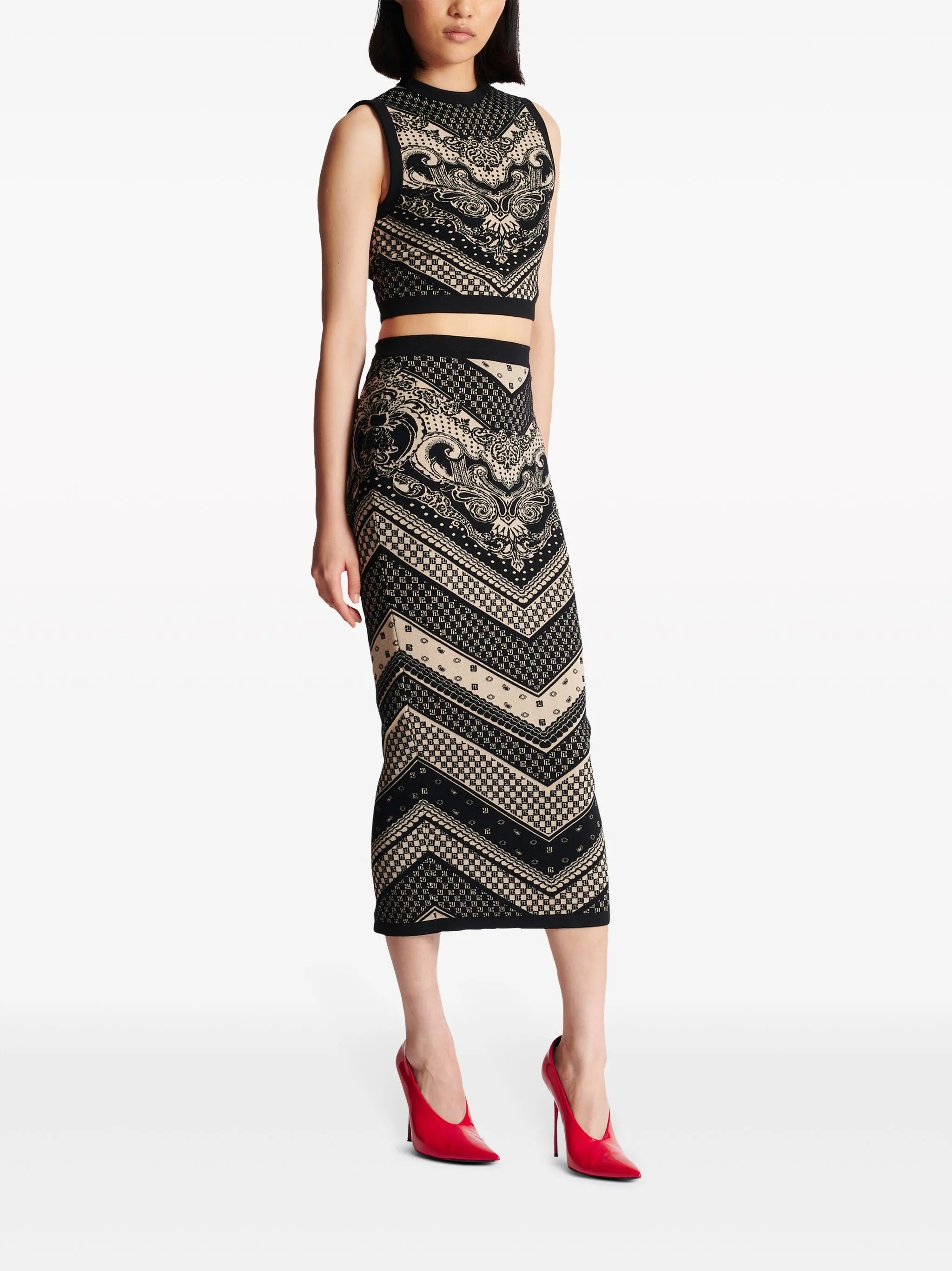 monogram-pattern knitted pencil skirt