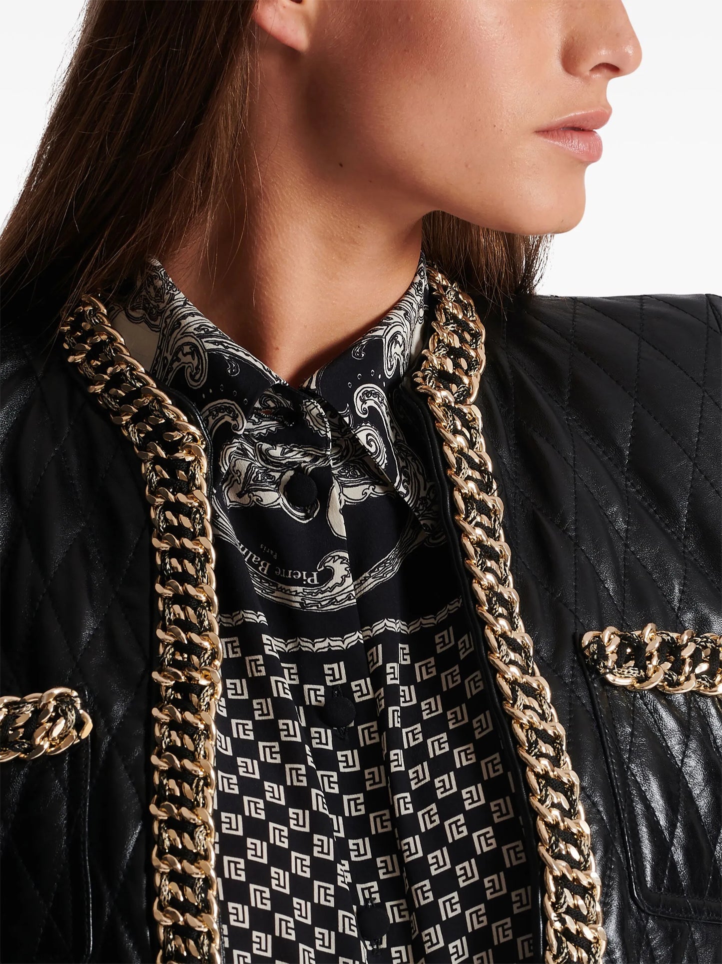 chain-detail quilted leather jacket