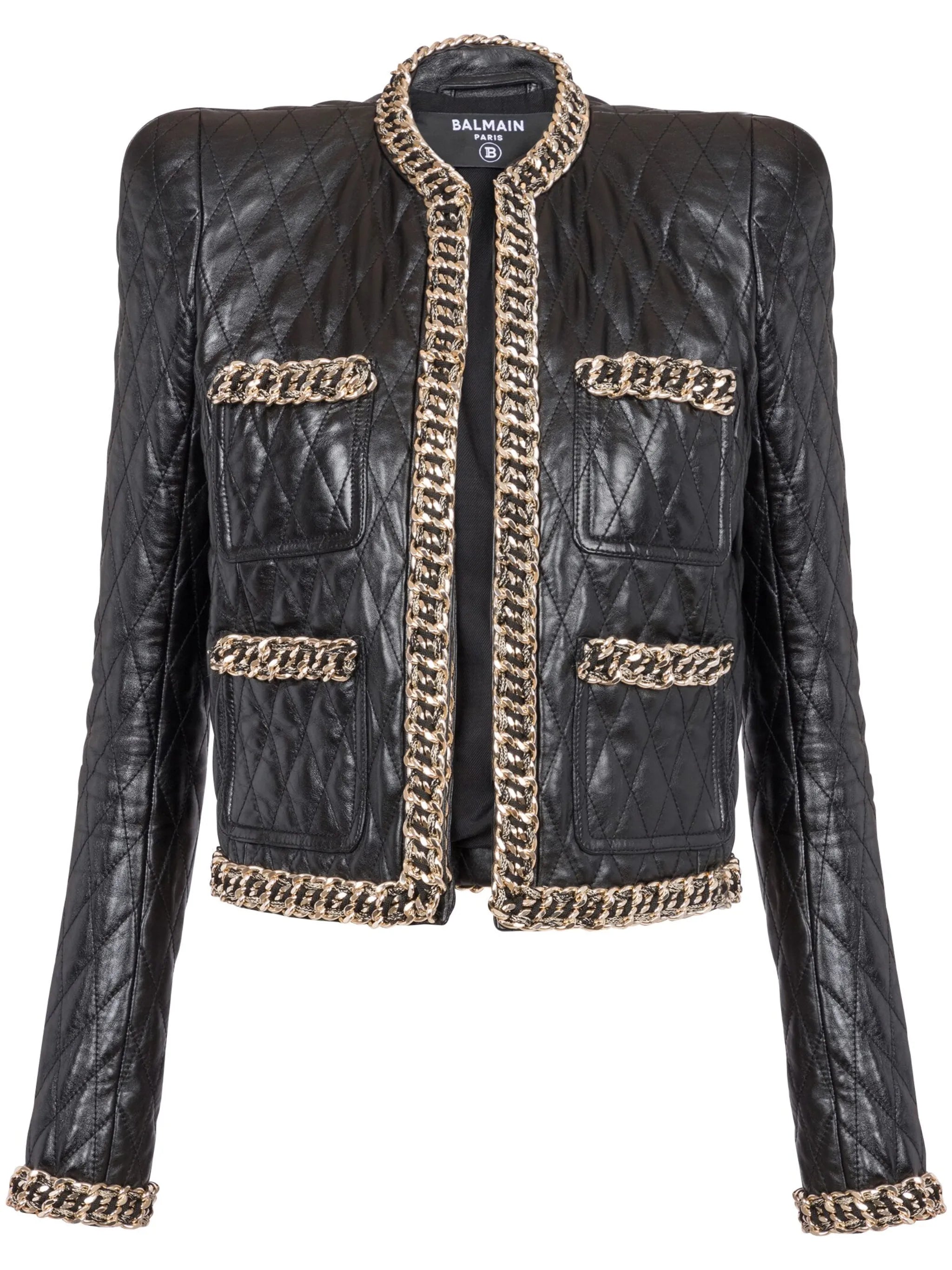 chain-detail quilted leather jacket