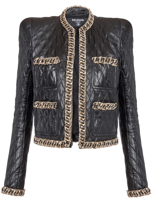 chain-detail quilted leather jacket