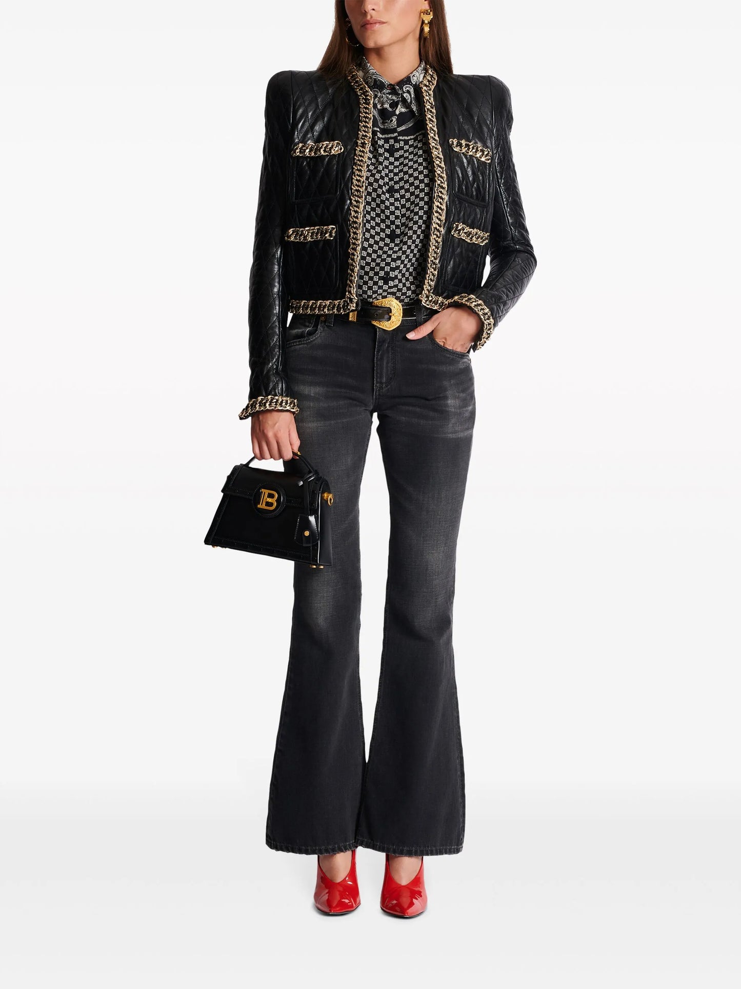 chain-detail quilted leather jacket
