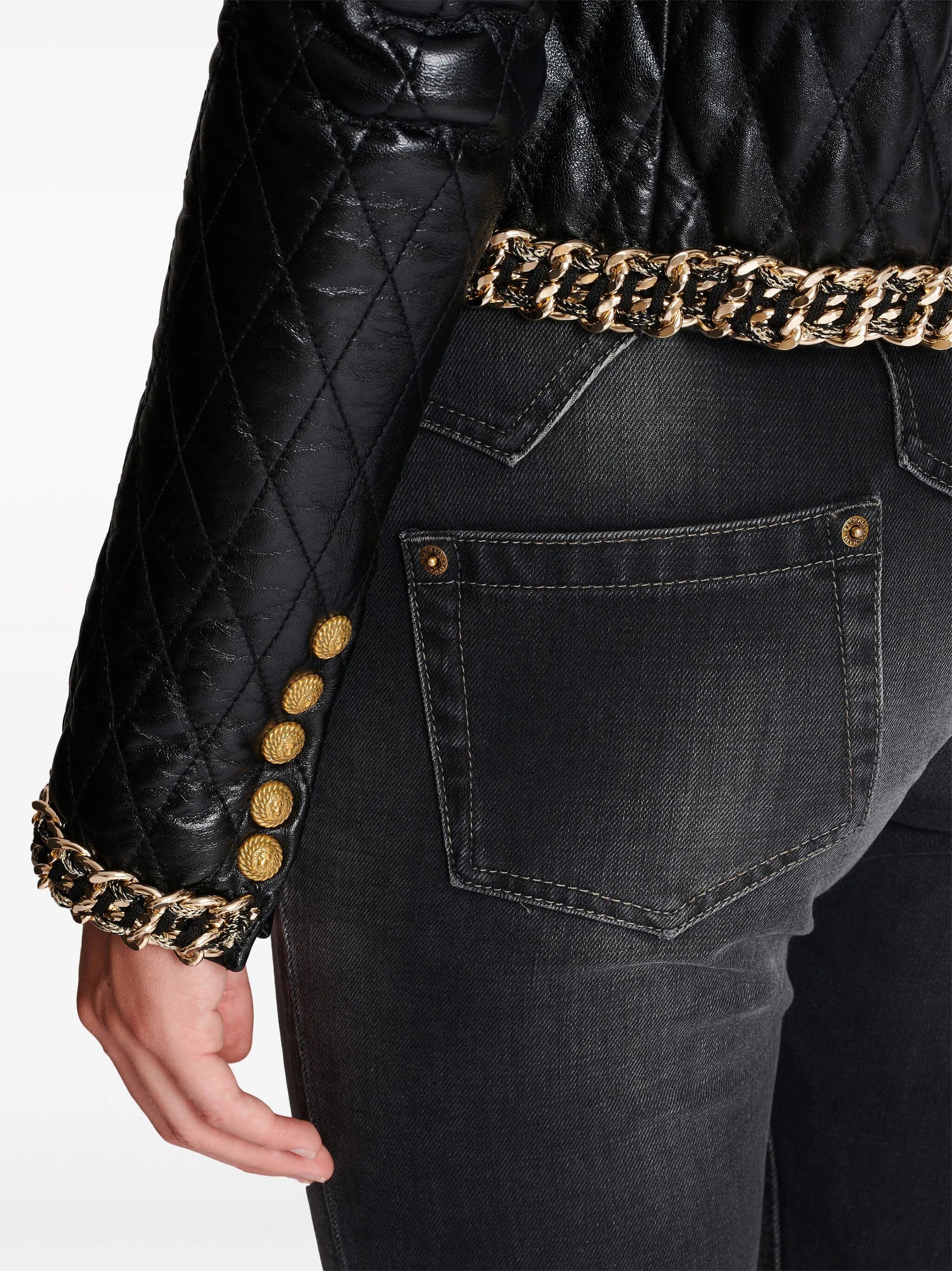 chain-detail quilted leather jacket
