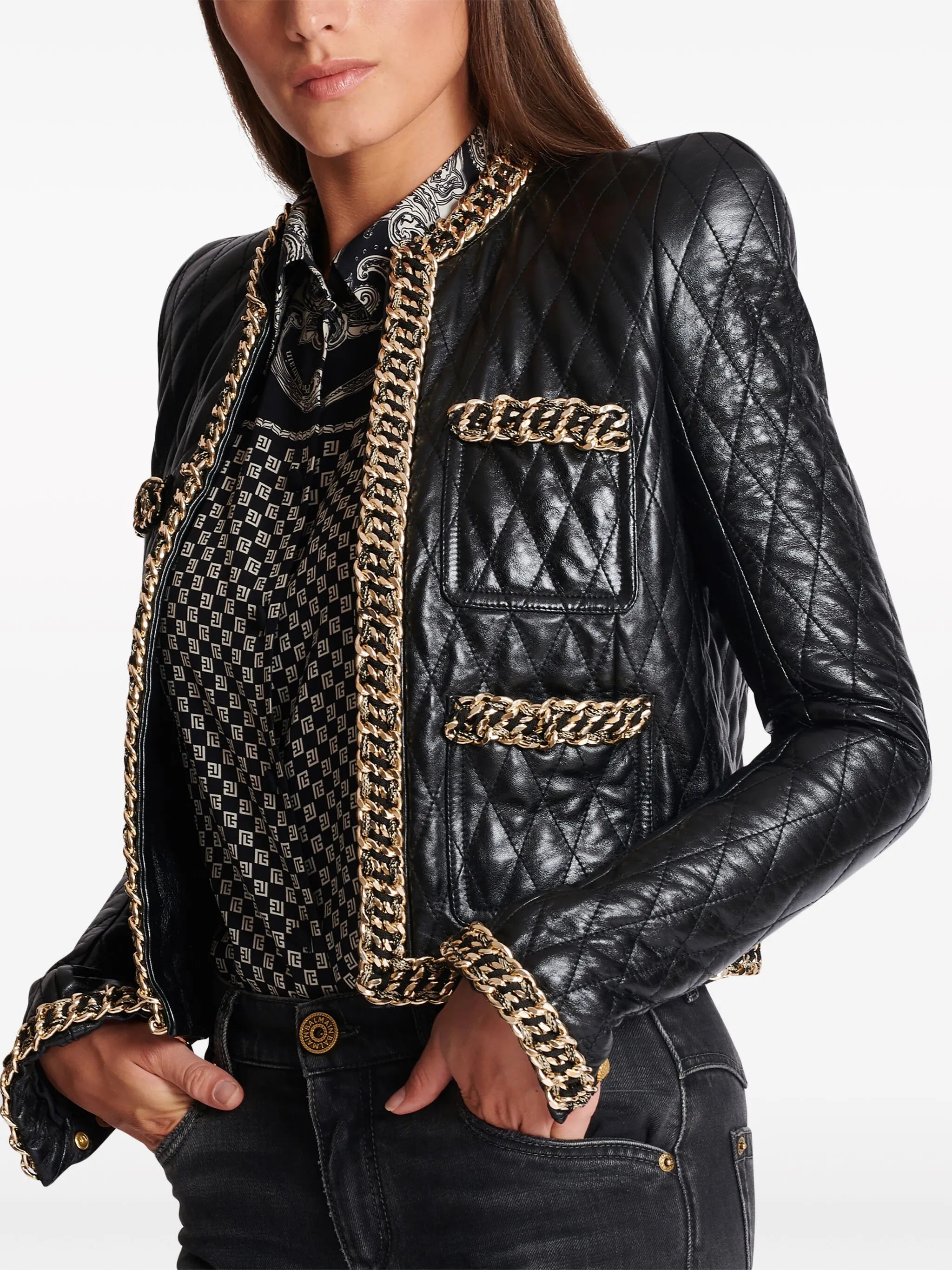chain-detail quilted leather jacket