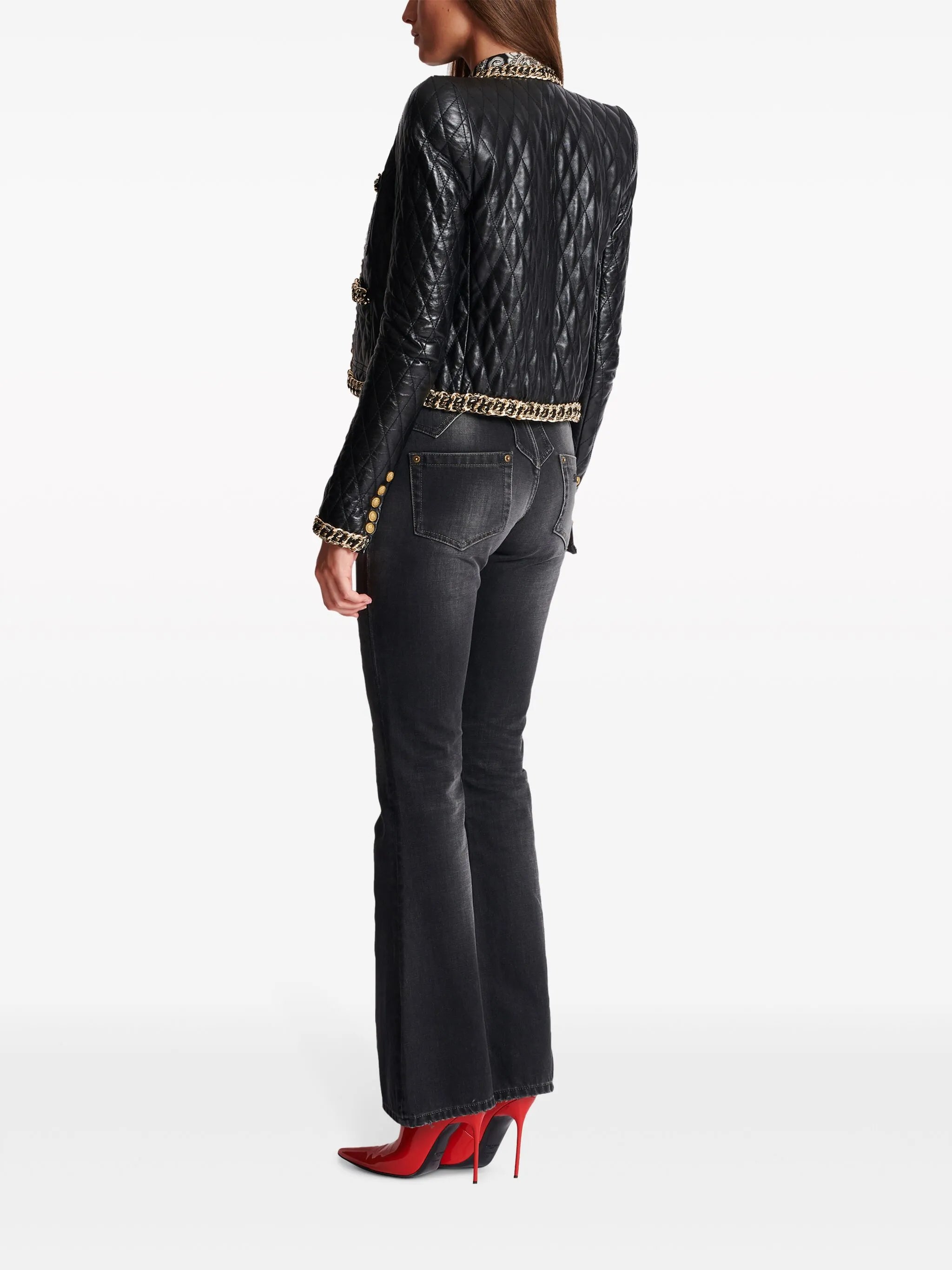 chain-detail quilted leather jacket