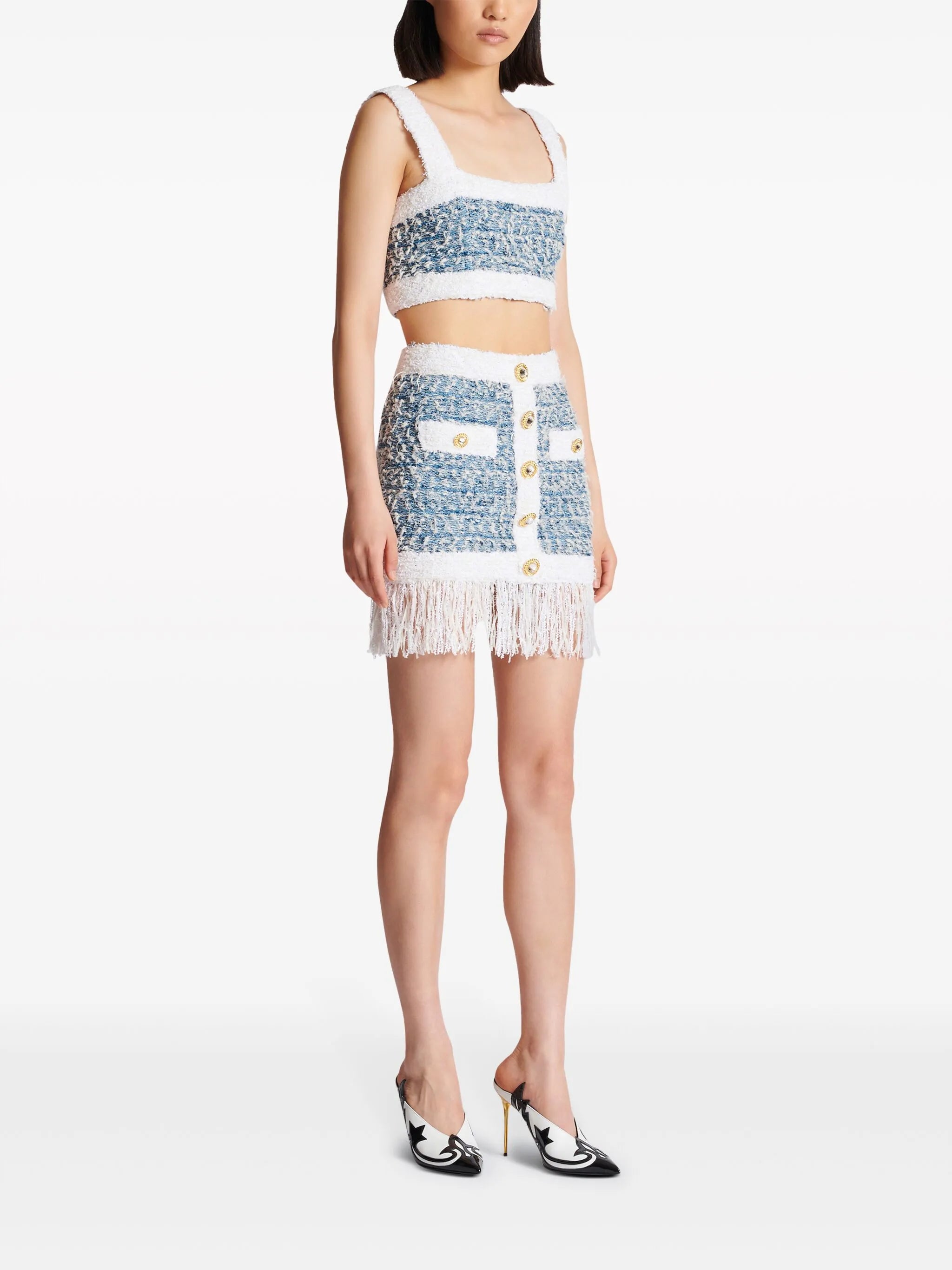 fringed tweed miniskirt