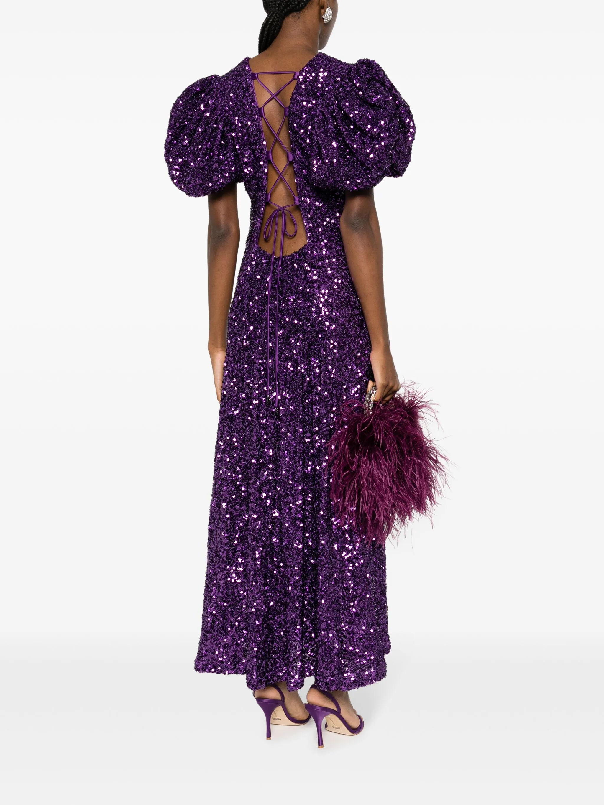 puff-sleeve sequinned maxi dress