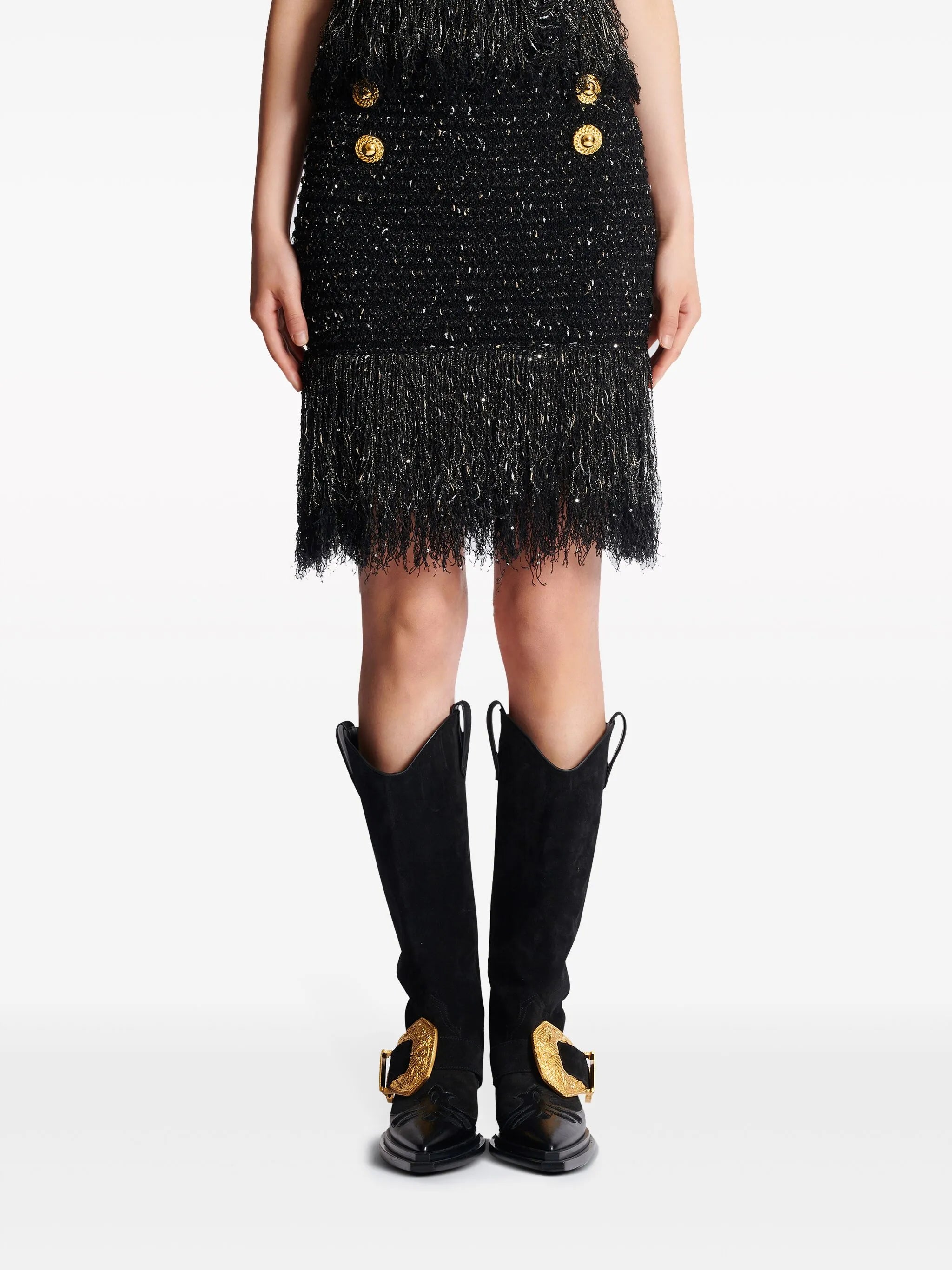 6-Button fringed tweed skirt