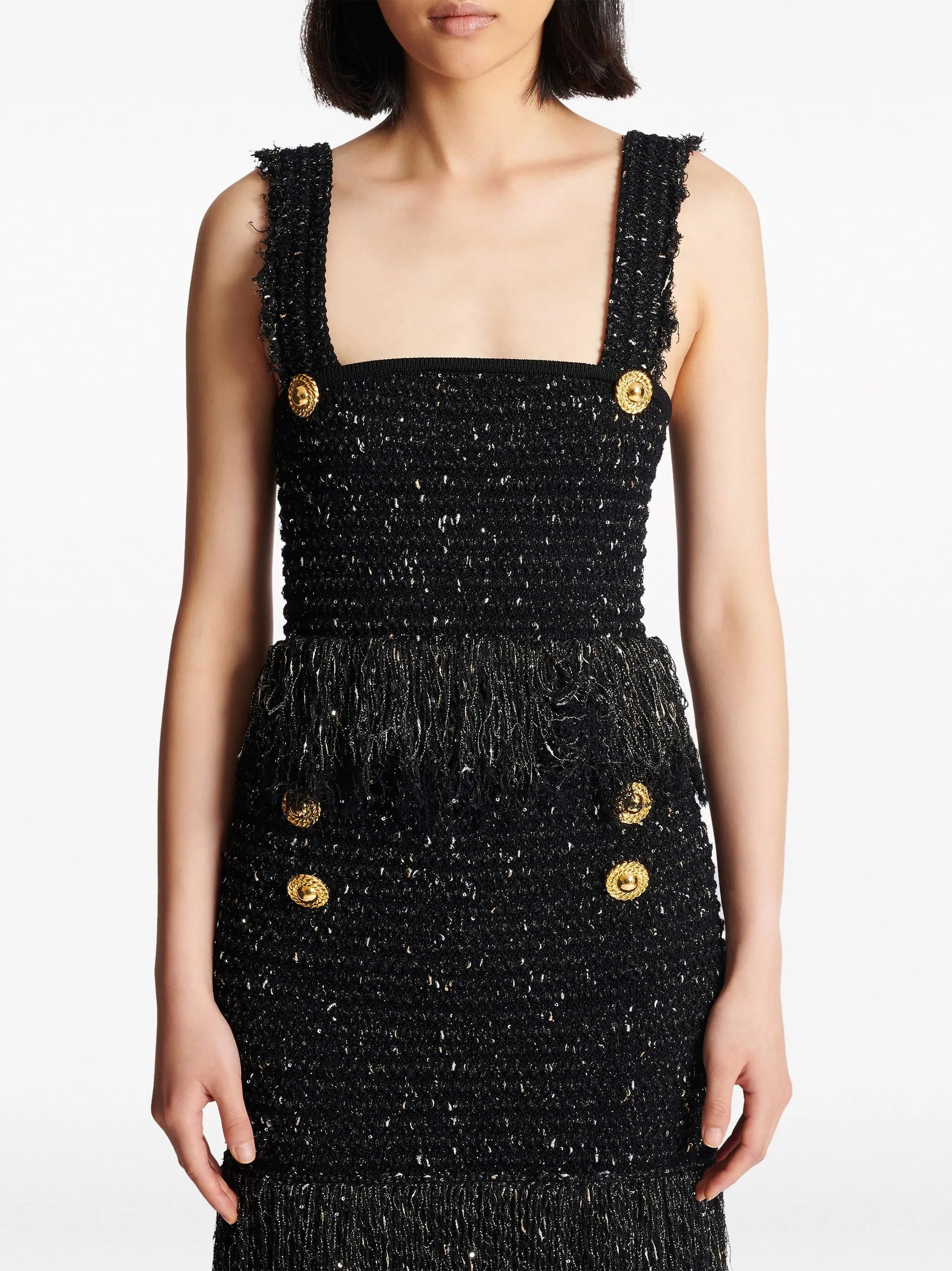 2-Button fringe tweed top