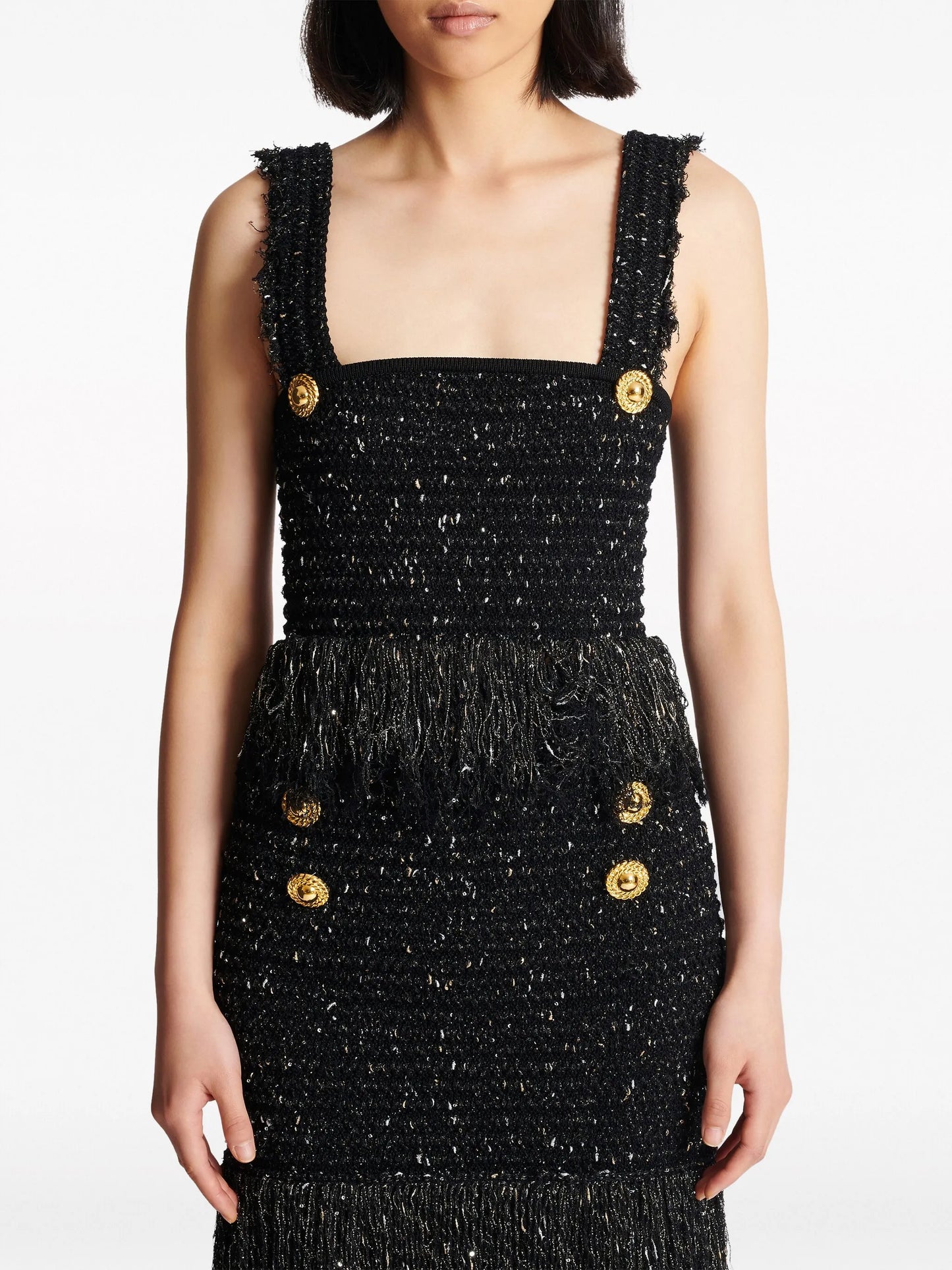 2-Button fringe tweed top