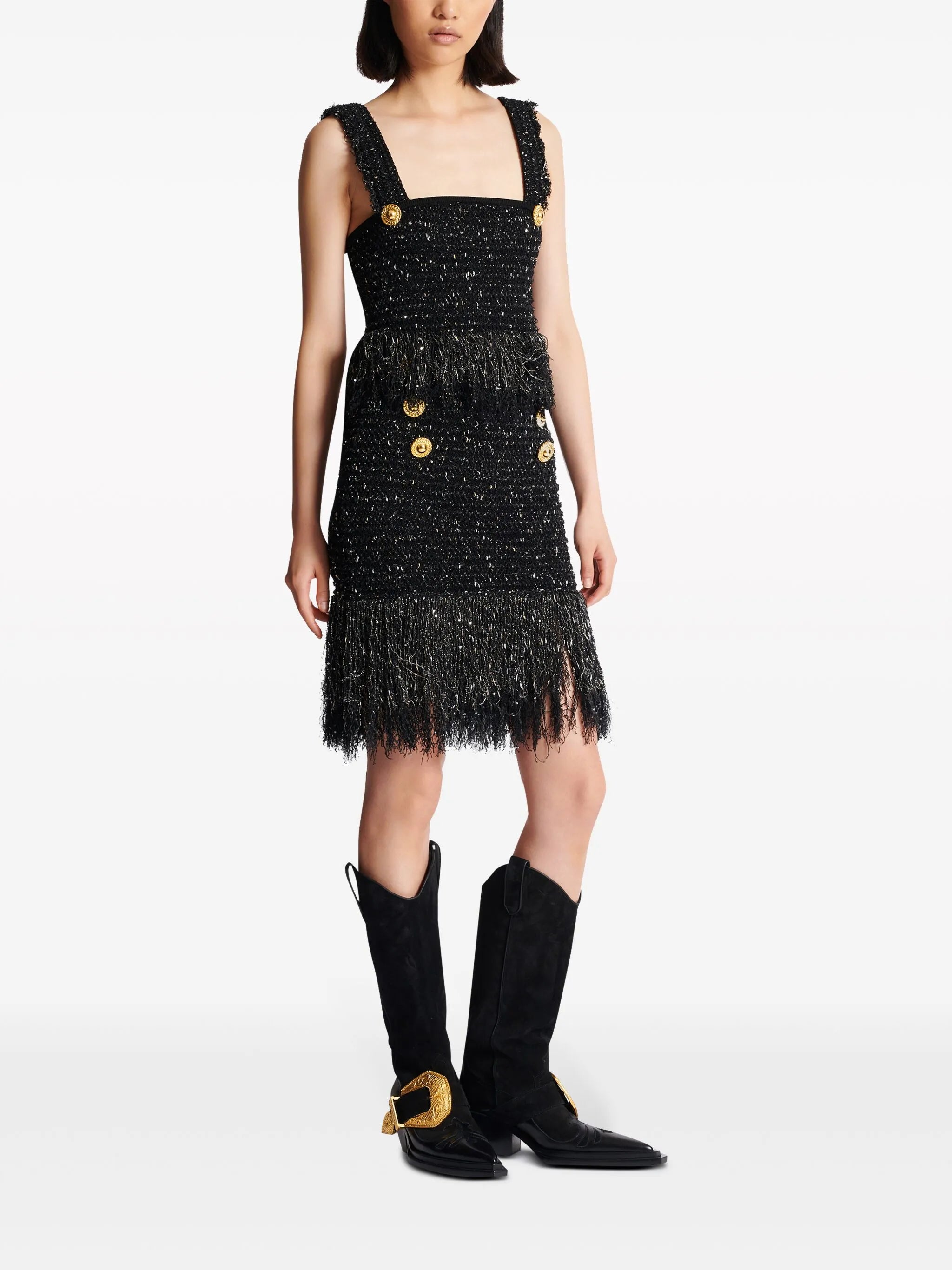 2-Button fringe tweed top
