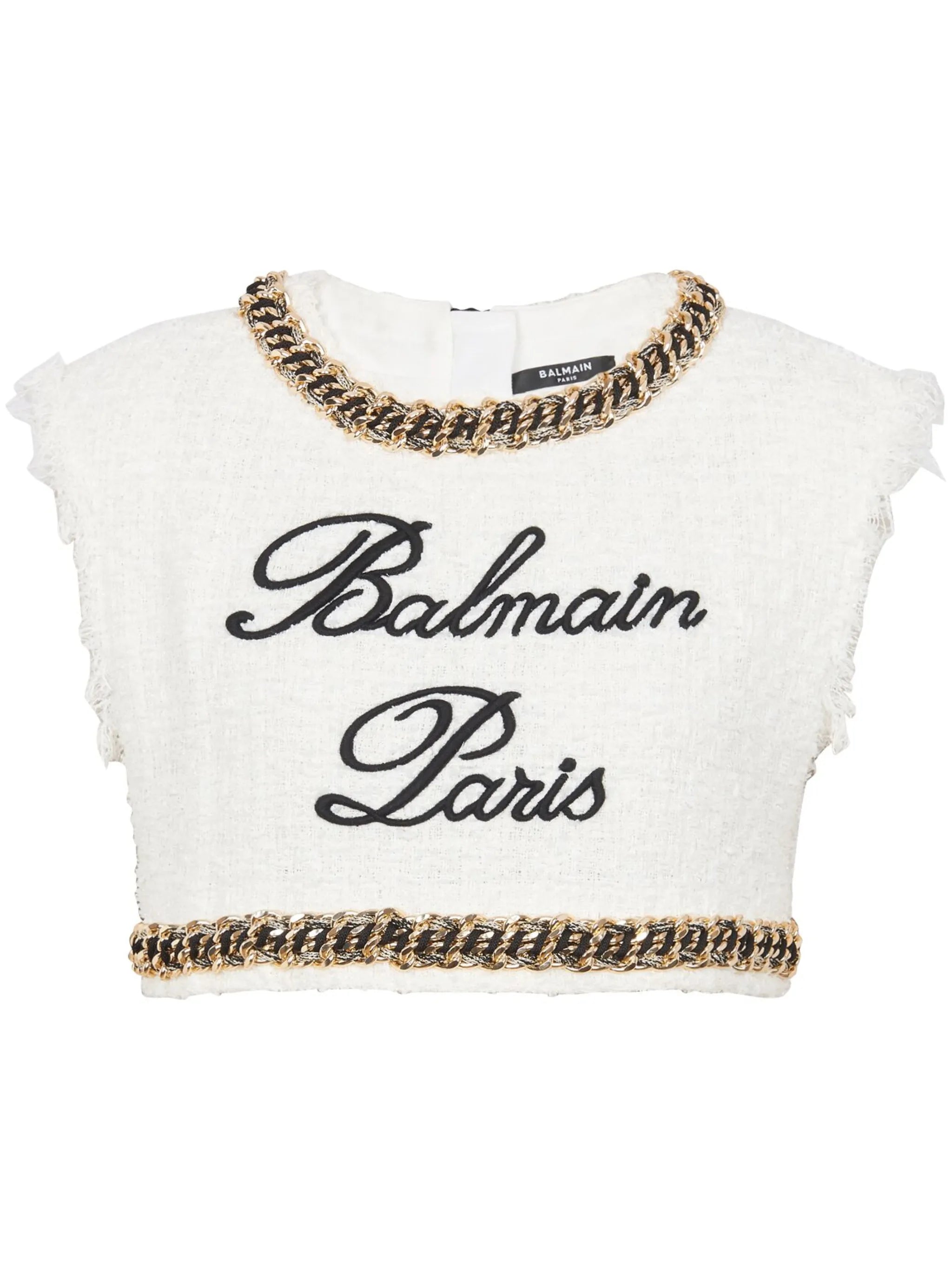 Signature-embroidered tweed crop top