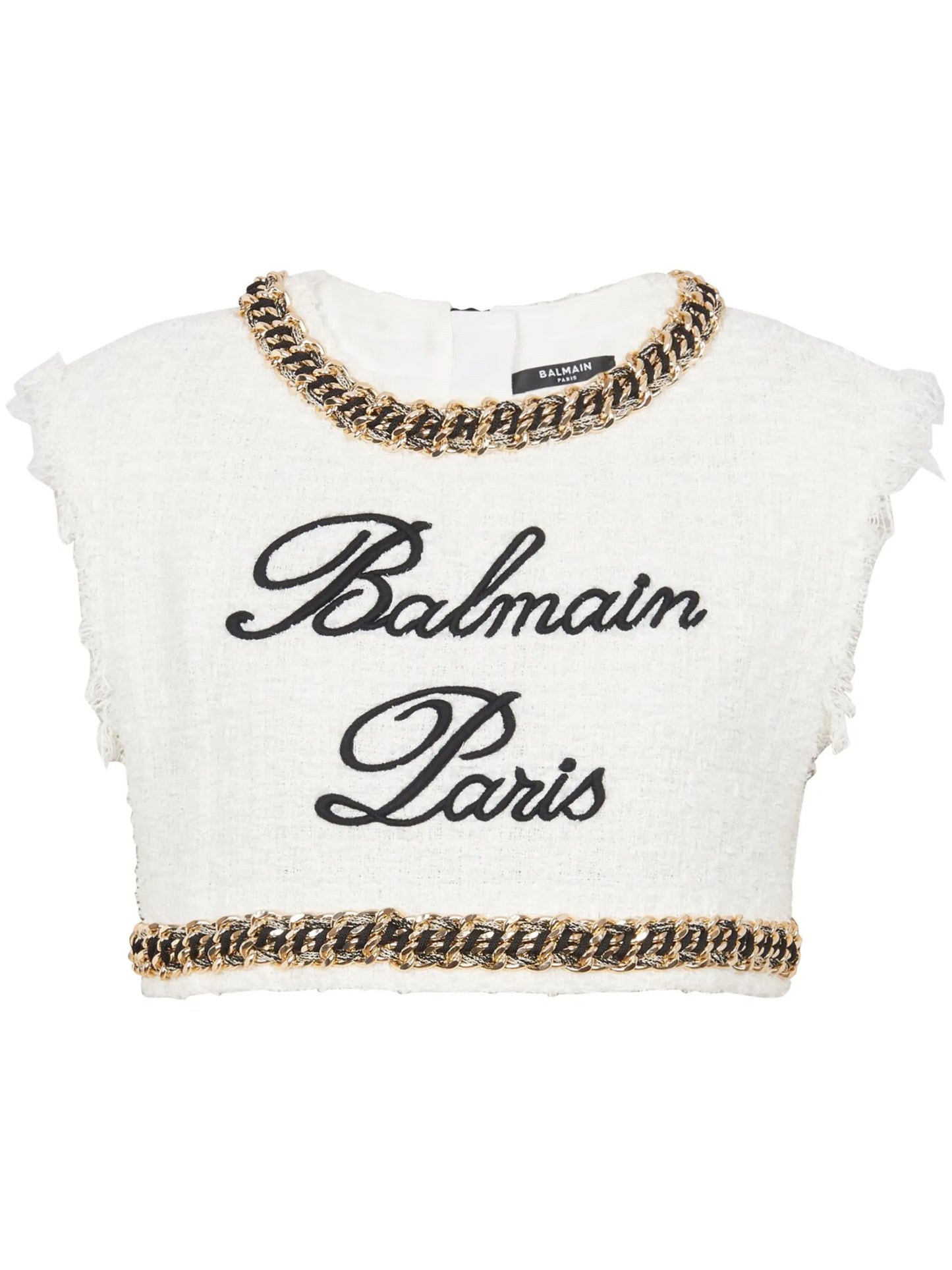 Signature-embroidered tweed crop top