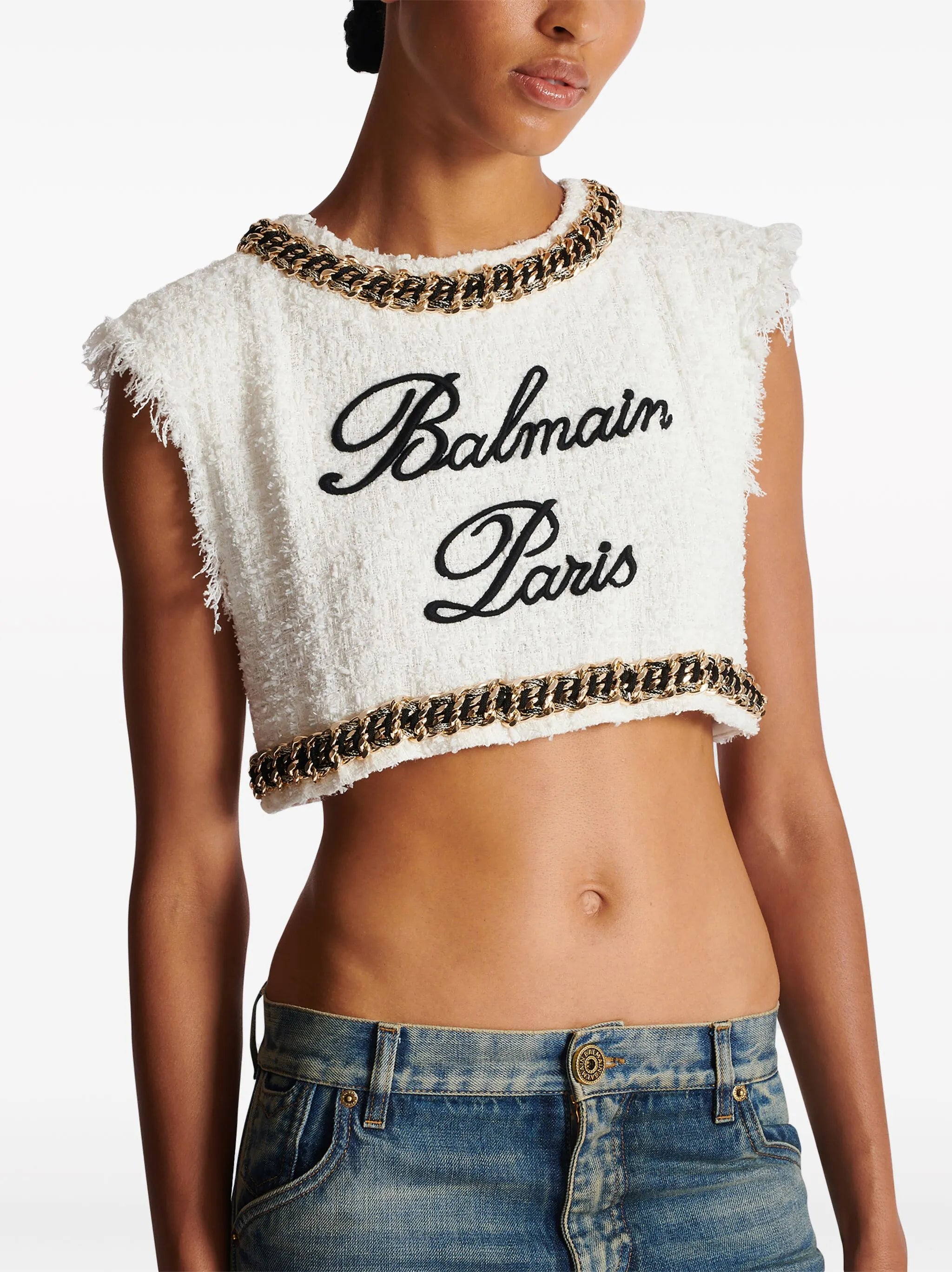 Signature-embroidered tweed crop top