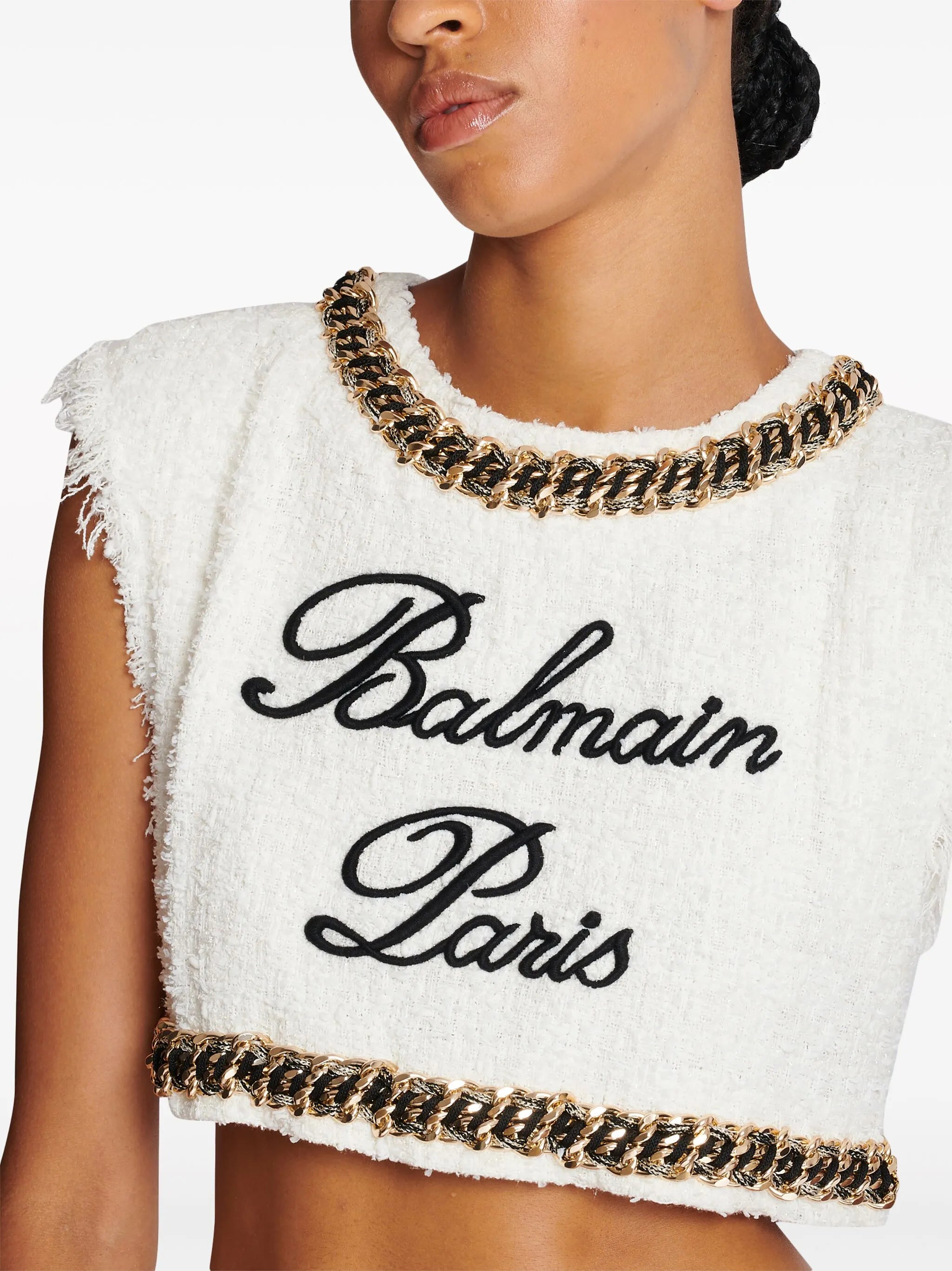 Signature-embroidered tweed crop top