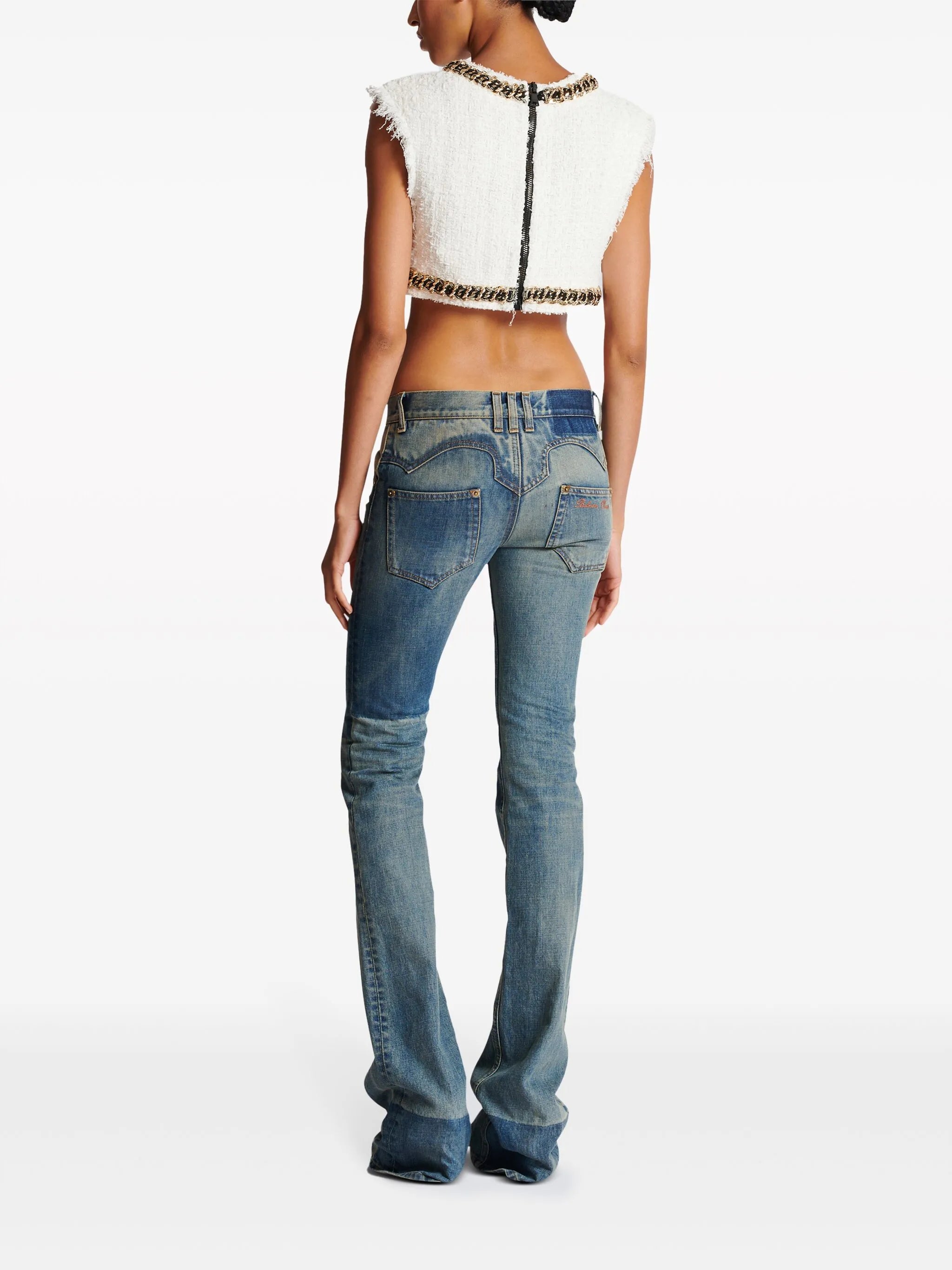 Signature-embroidered tweed crop top