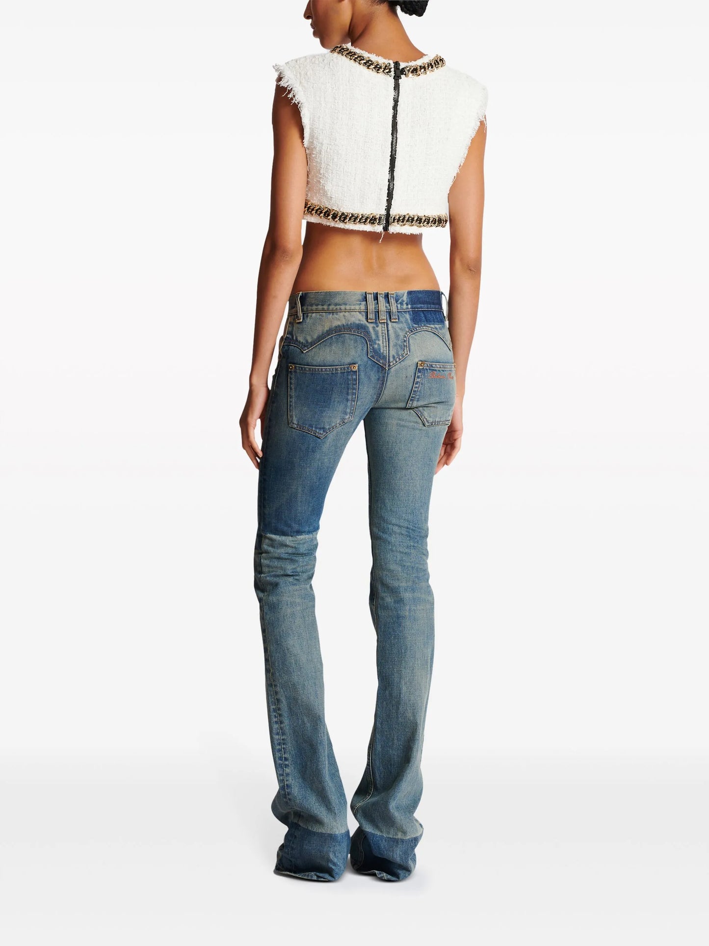 Signature-embroidered tweed crop top