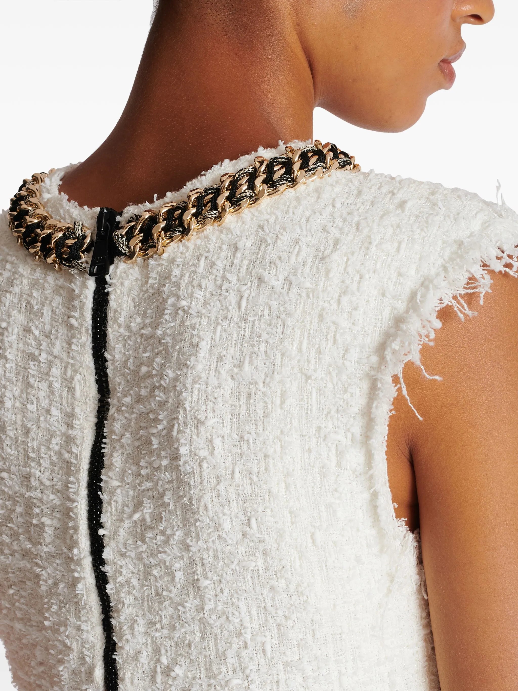 Signature-embroidered tweed crop top
