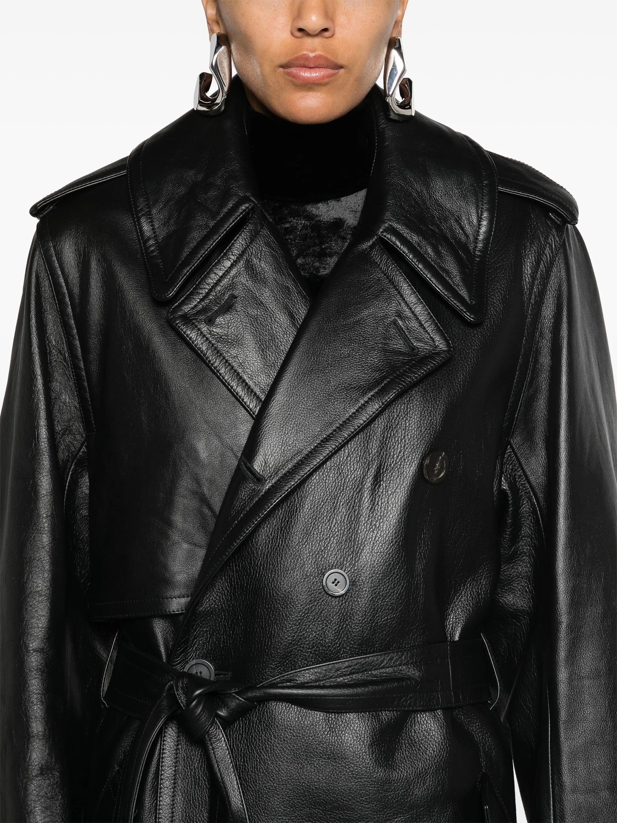 belted leather trench coat