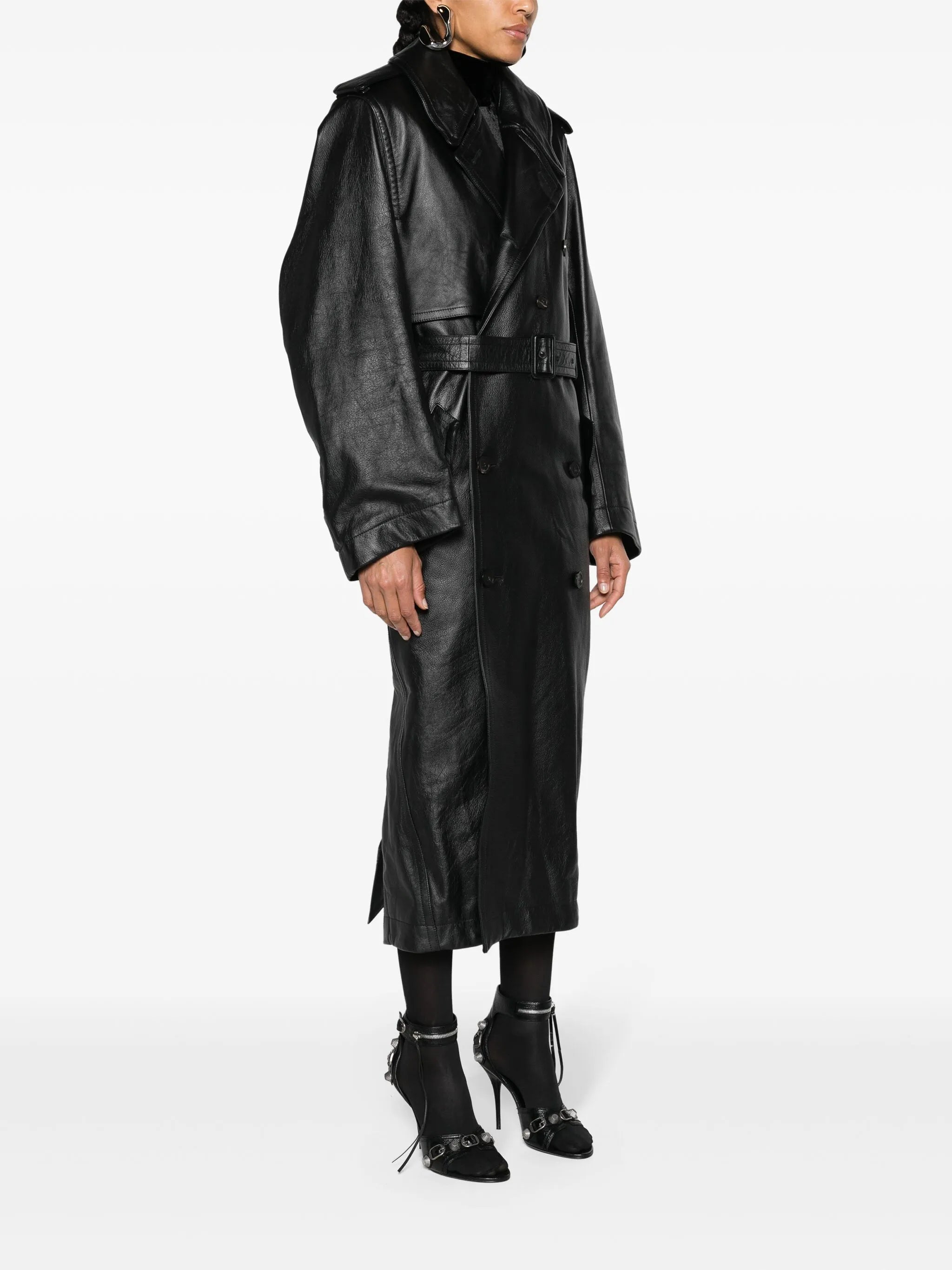 belted leather trench coat
