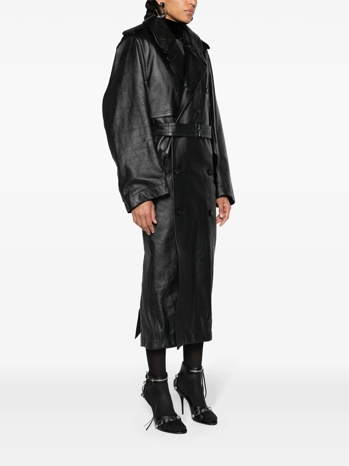 belted leather trench coat