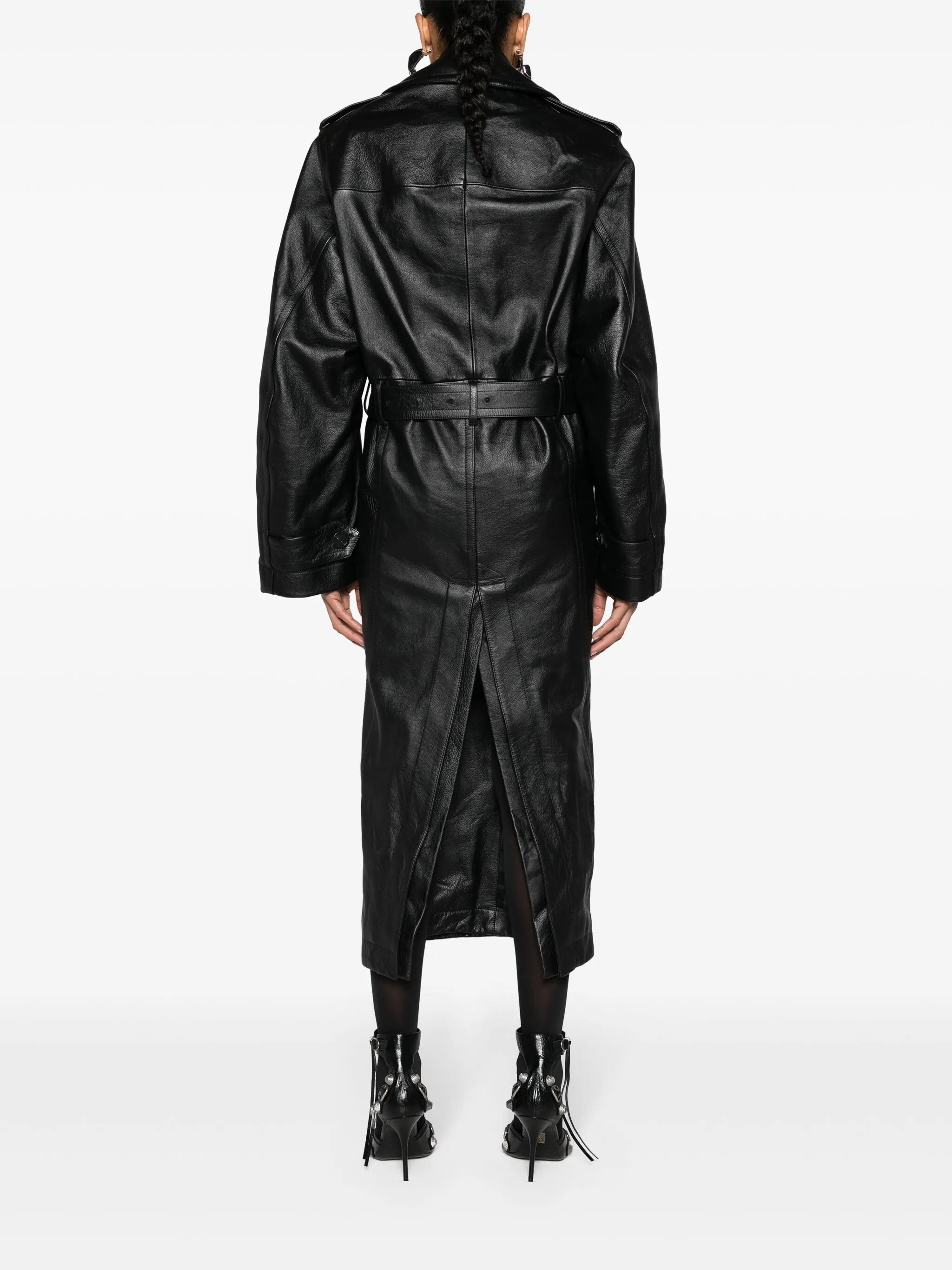 belted leather trench coat