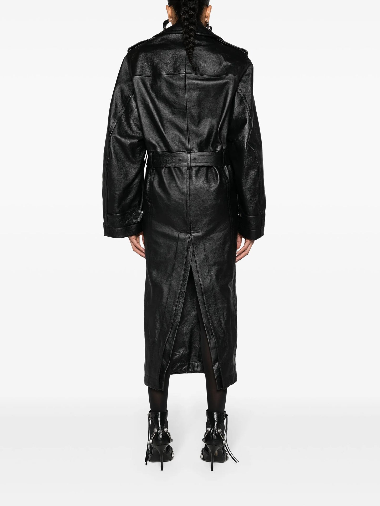 belted leather trench coat