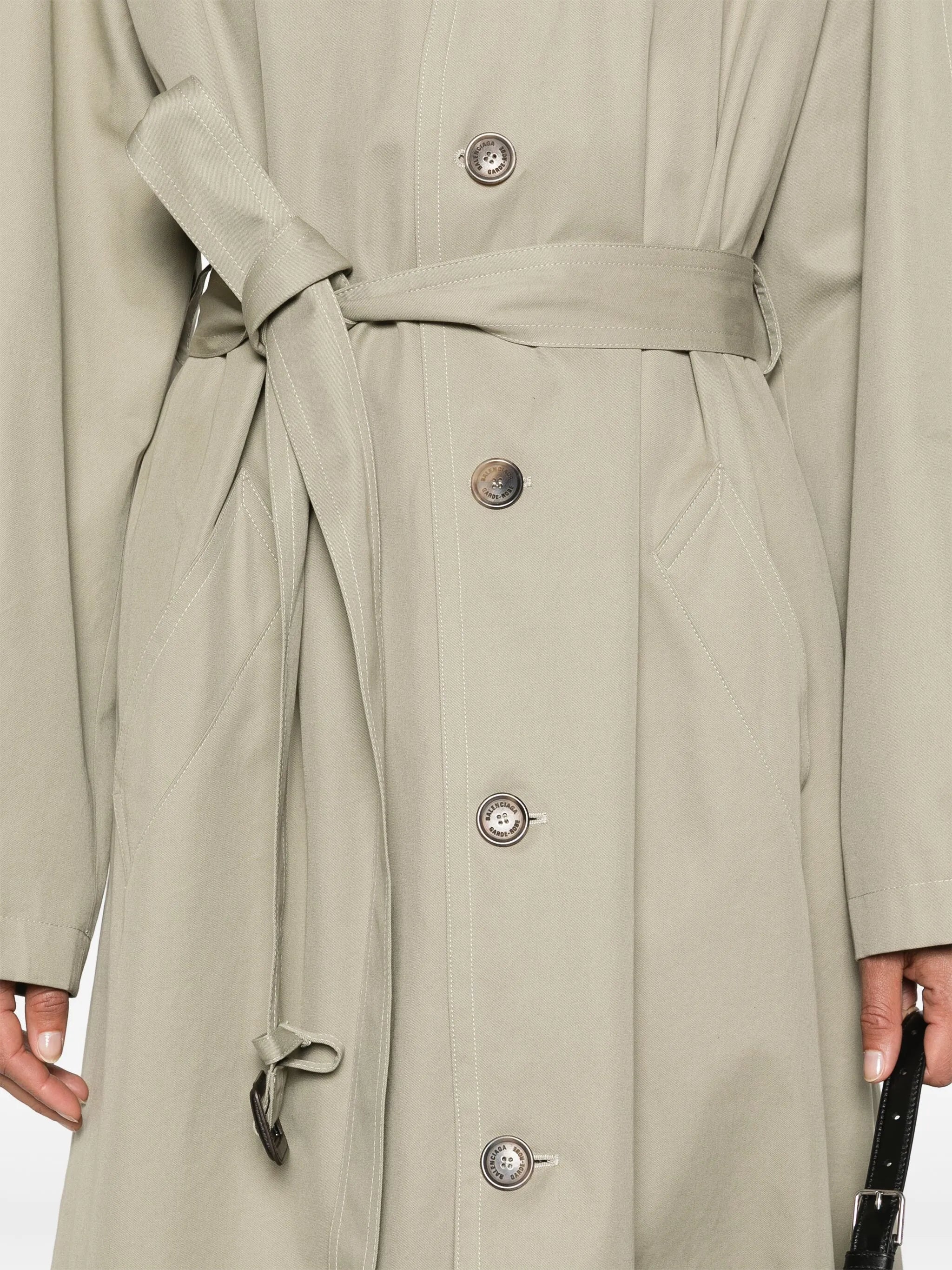 collarless belted cotton trench coat