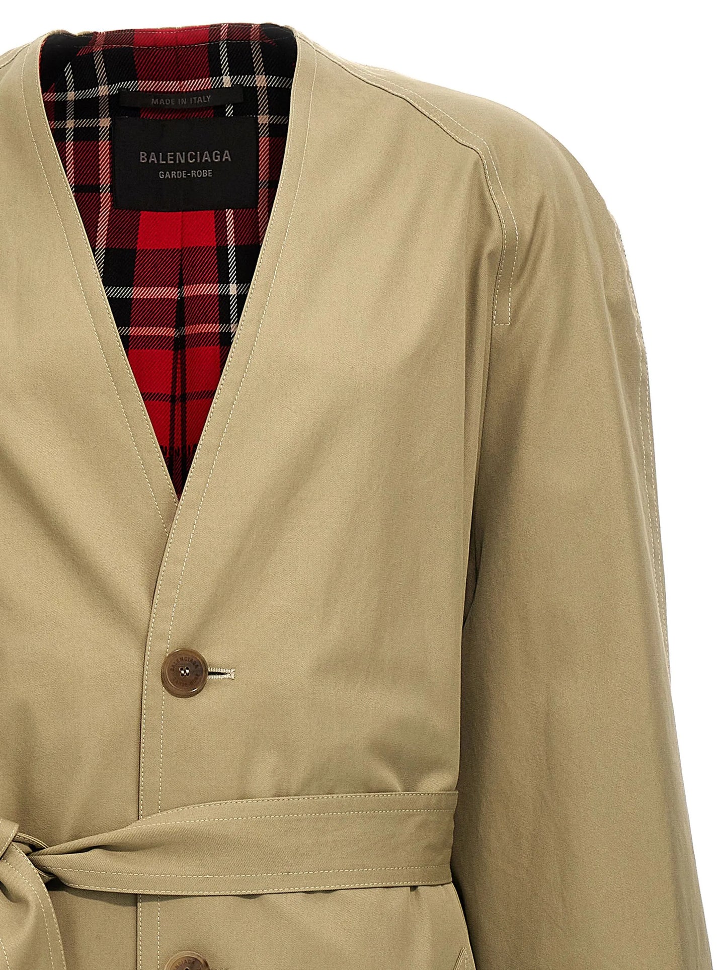 collarless belted cotton trench coat