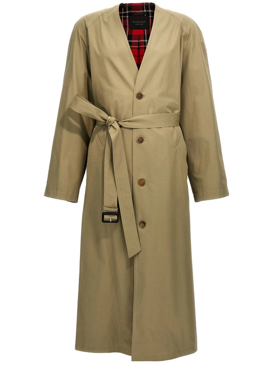 collarless belted cotton trench coat