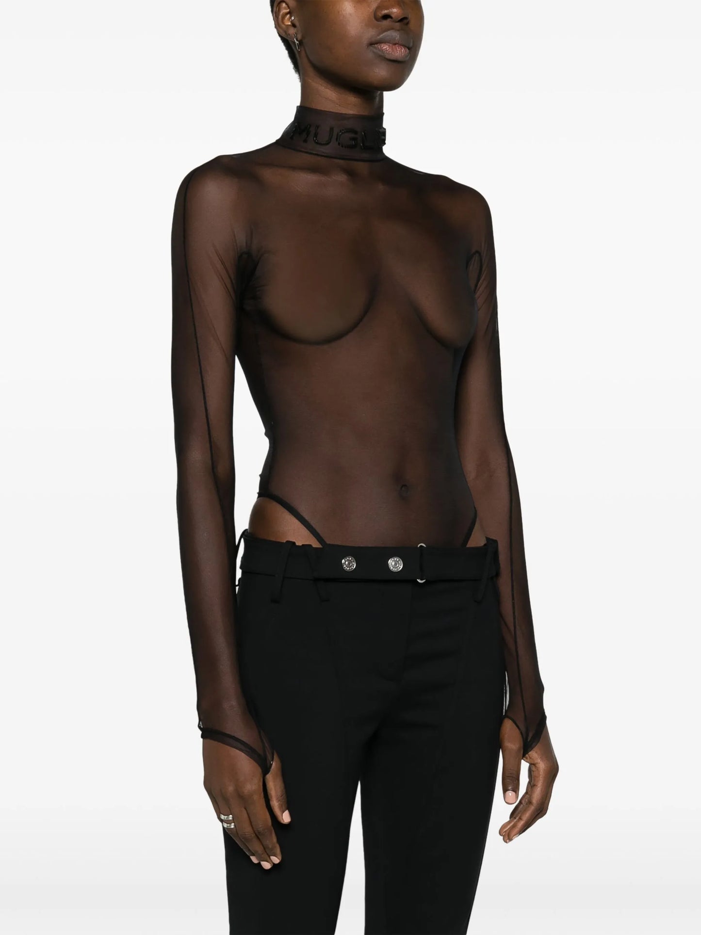 logo-embossed sheer bodysuit