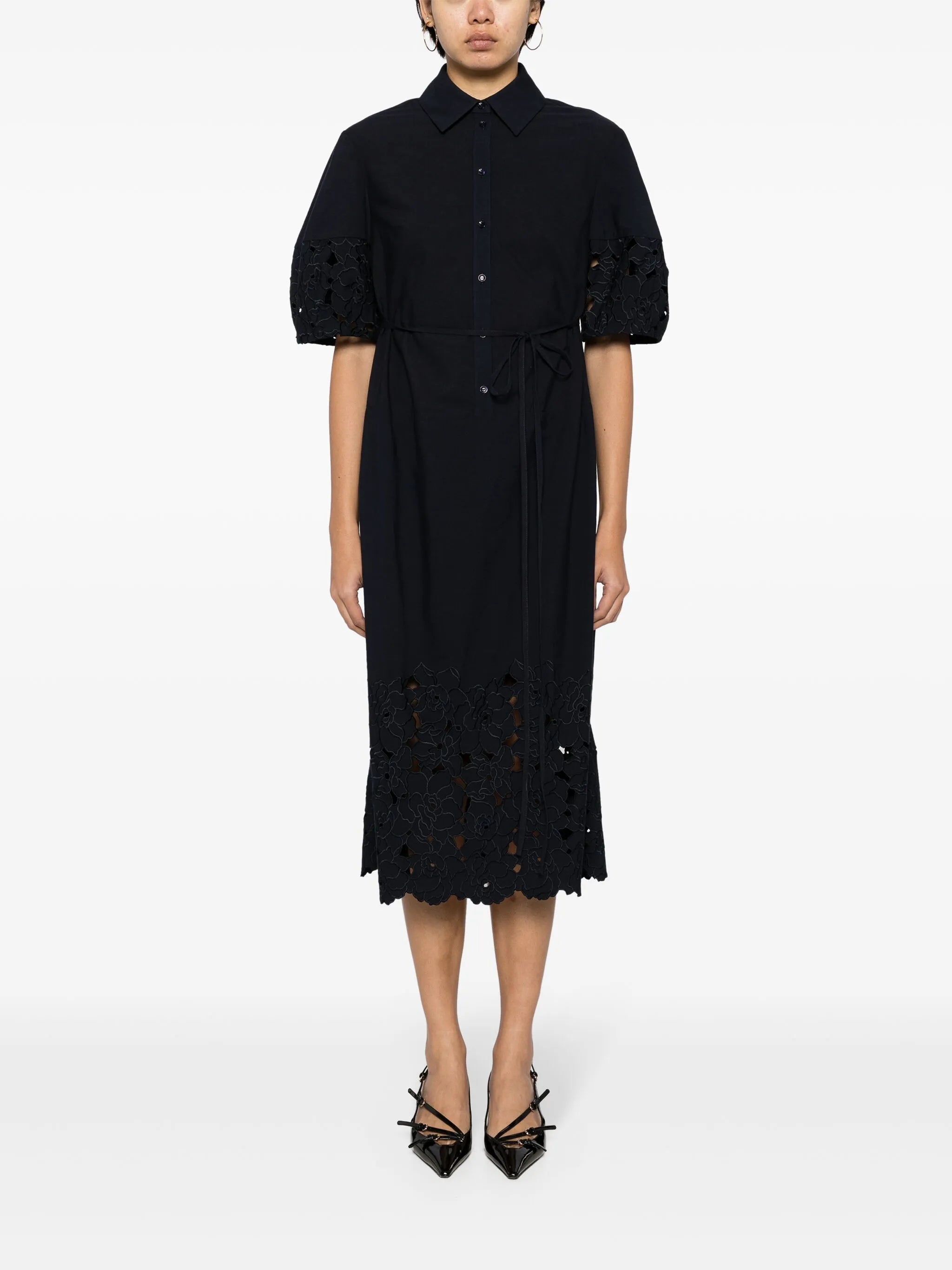 floral-embroidered shirtdress