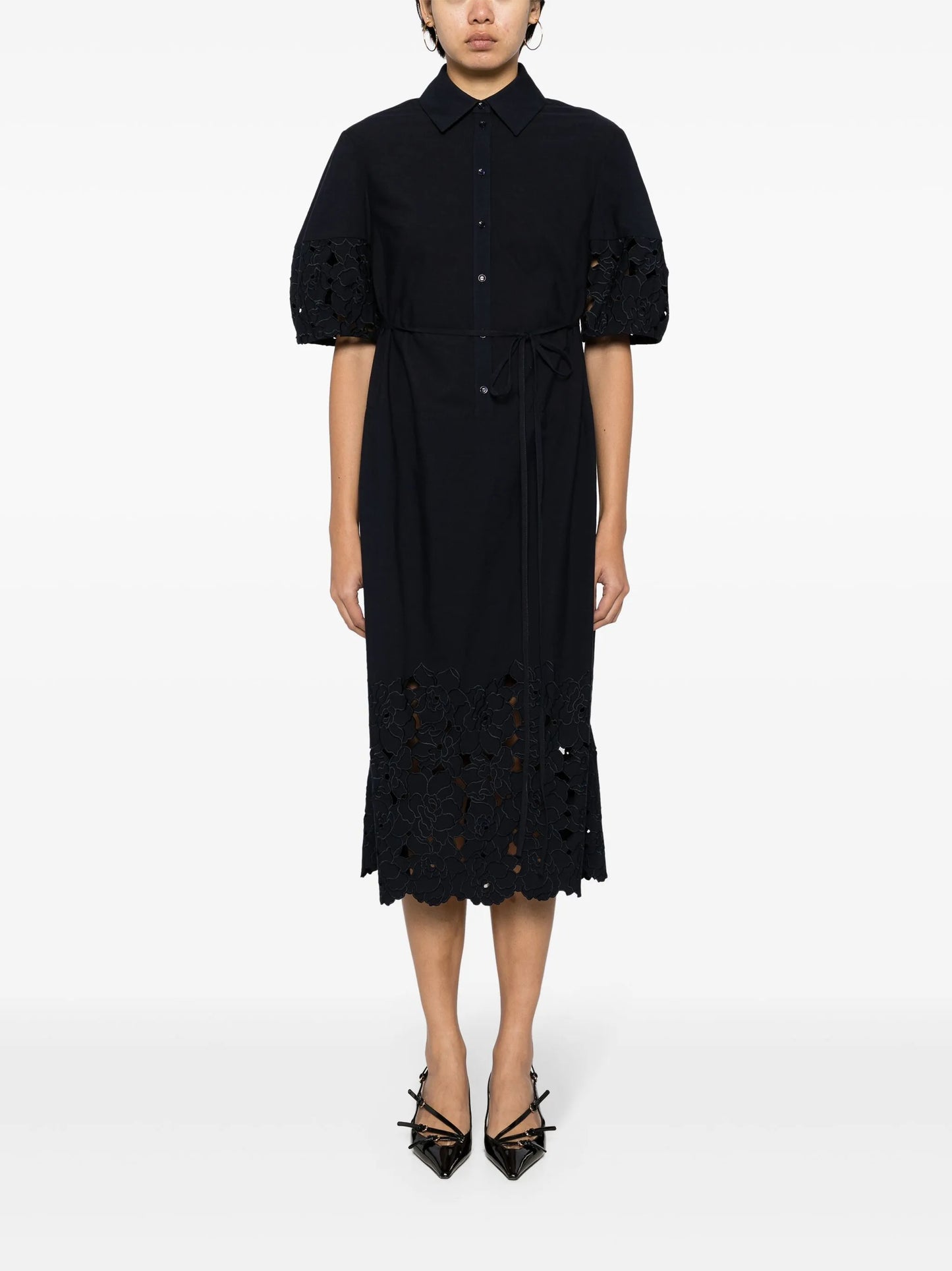 floral-embroidered shirtdress