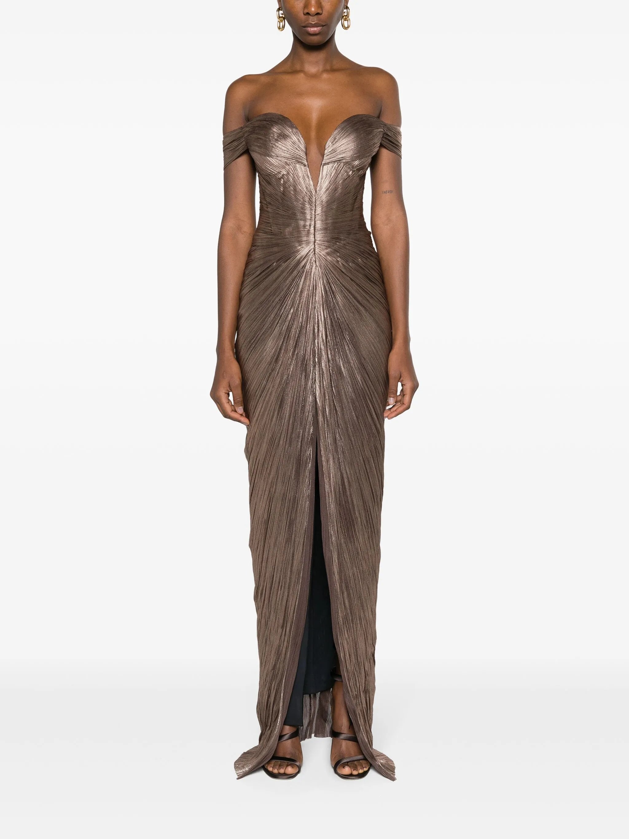 Tia off-shoulder plissé gown