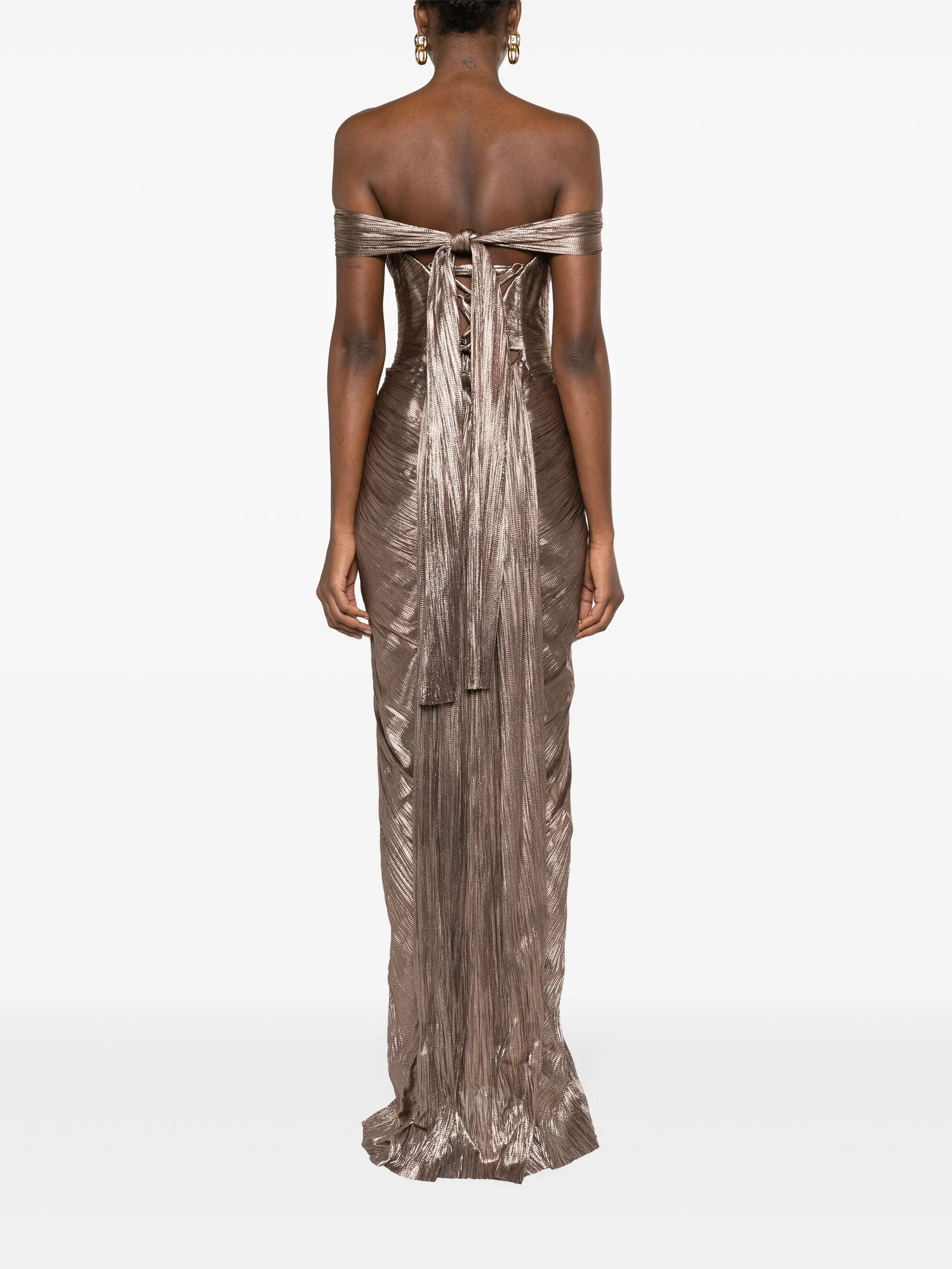 Tia off-shoulder plissé gown