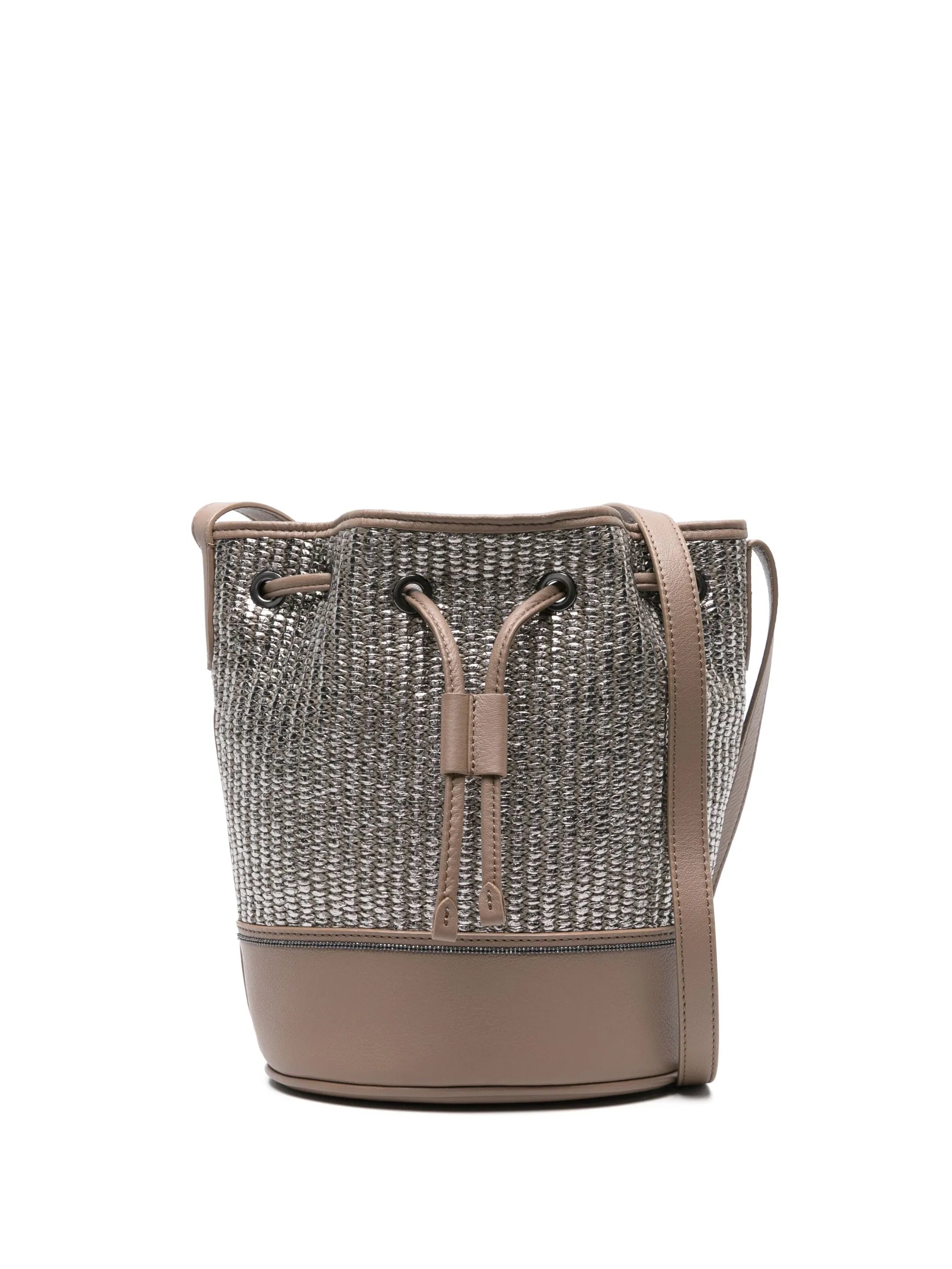 metallic raffia bucket bag