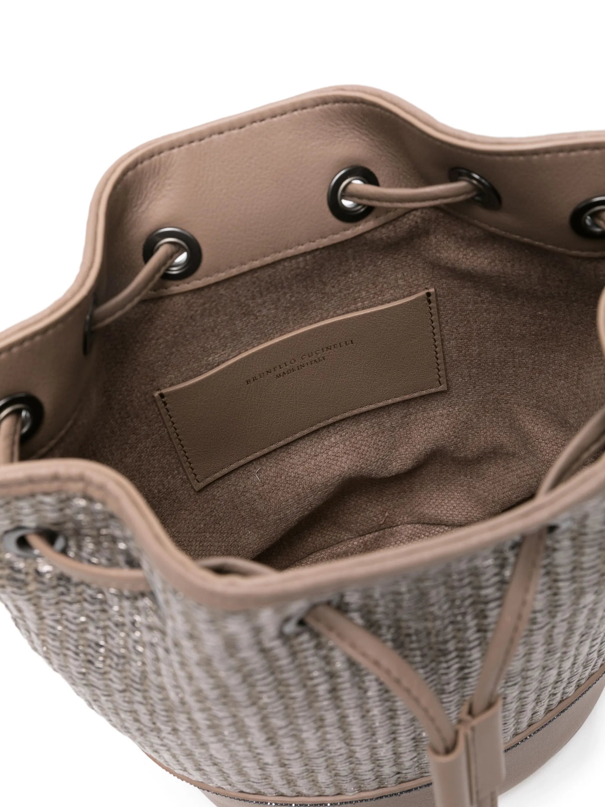 metallic raffia bucket bag
