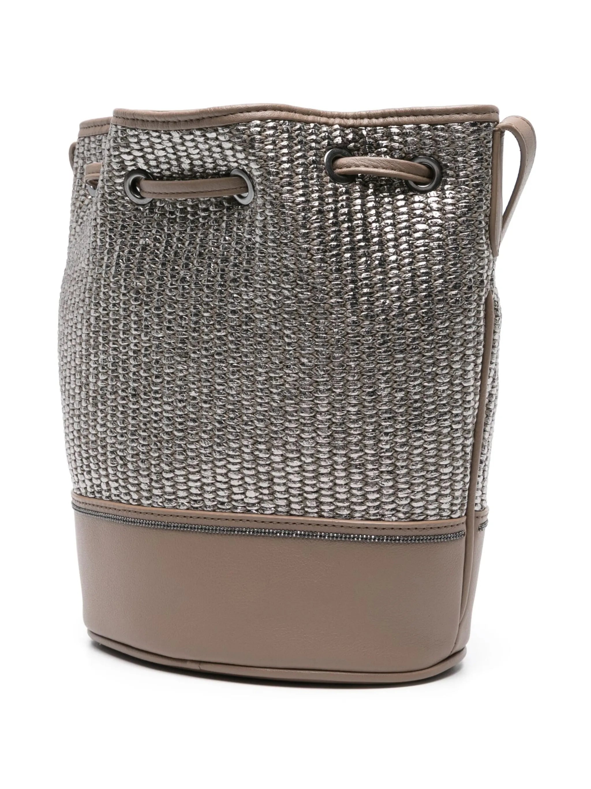 metallic raffia bucket bag